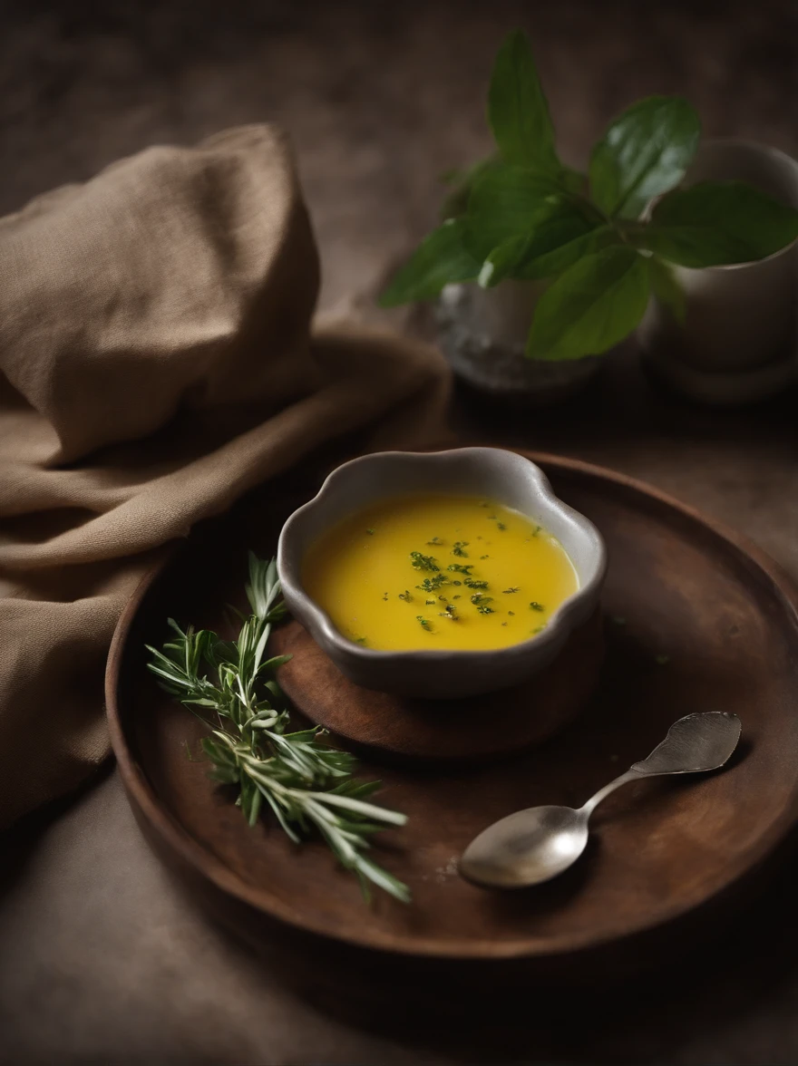 There was a small plate of butter on the table, A bottle of olive oil, fork,Garnish with a little green leaves,high quality food photography, styled food photography, food styling, professional food photography, close up food photography, Food photography, Ingredients on the table, food commercial 4 k,Dark still life photography,