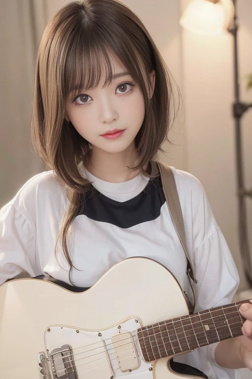 finely detail, hight resolution, hightquality、Perfect dynamic composition, Beautiful detailed eyes, Medium Hair, small tits、Natural Color Lip,Kamimei、Shibuya、20 years girl、1 persons、Transparent skin、Glowing hair、A smile、masutepiece, Best Quality, Illustration, Ultra-detailed, finely detail, hight resolution, 8K、The correct state of the human body、crouching down、Gravure Model Pose，Hair soaring in the wind、（holding an electric guitar）、（white  shirt）