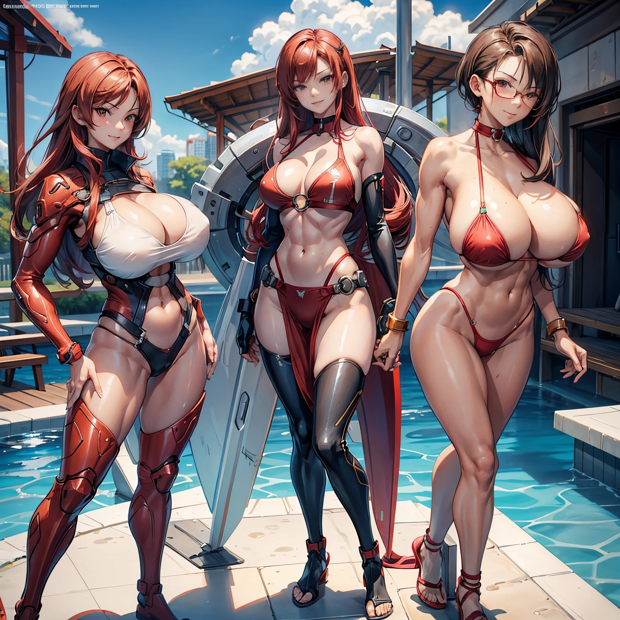  girl, Skinny red bikini, Muscular very developed, Long red hair, eye glass, Colossal tits, gigantic cleavage breasts, OPAI ratio, Short gray hair, Brown eyes, big breasts thin waist, gigantic ass, Smiling, Full body lesbian, hands on the waist, Strike a sexy pose in the pool，nakeness