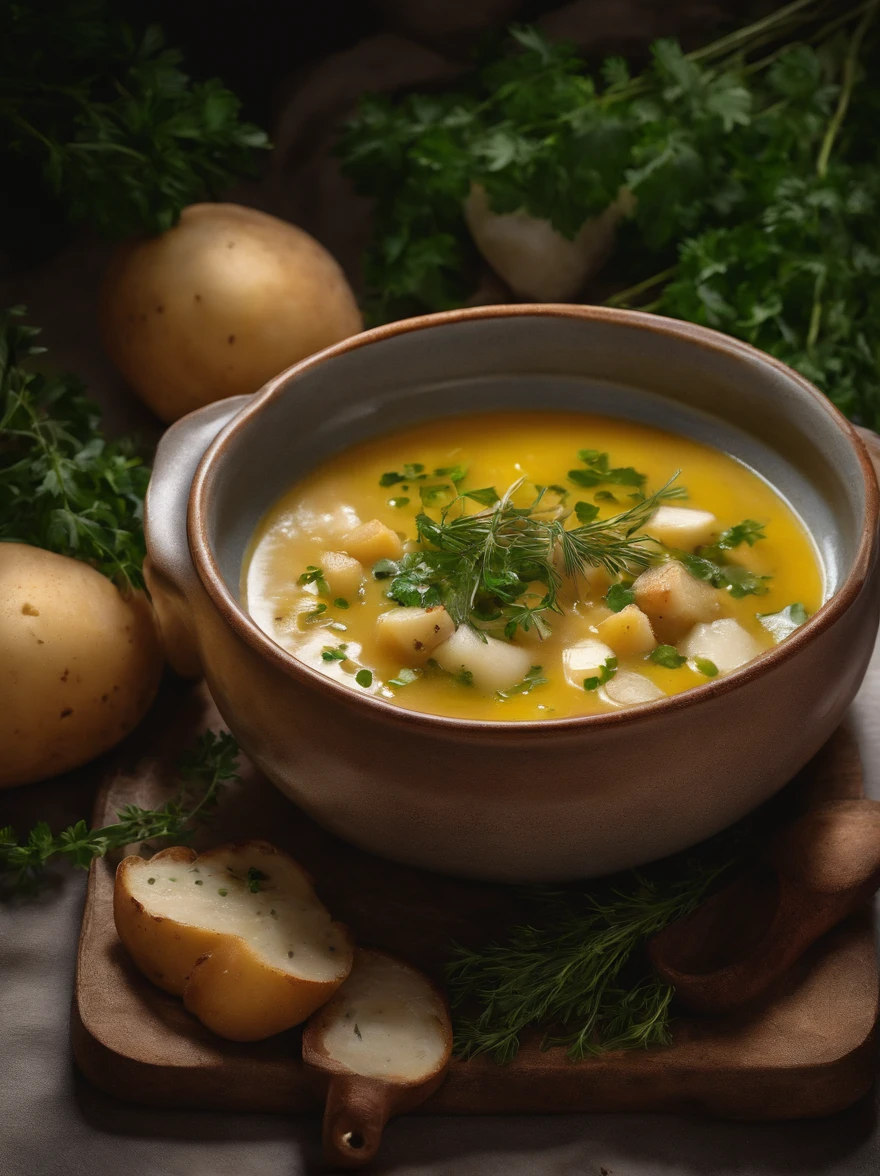 A visually pleasing composition of a rustic potato soup in a ceramic bowl, with chunks of potato, herbs, and a drizzle of olive oil on top, creating a visually comforting and nourishing scene.