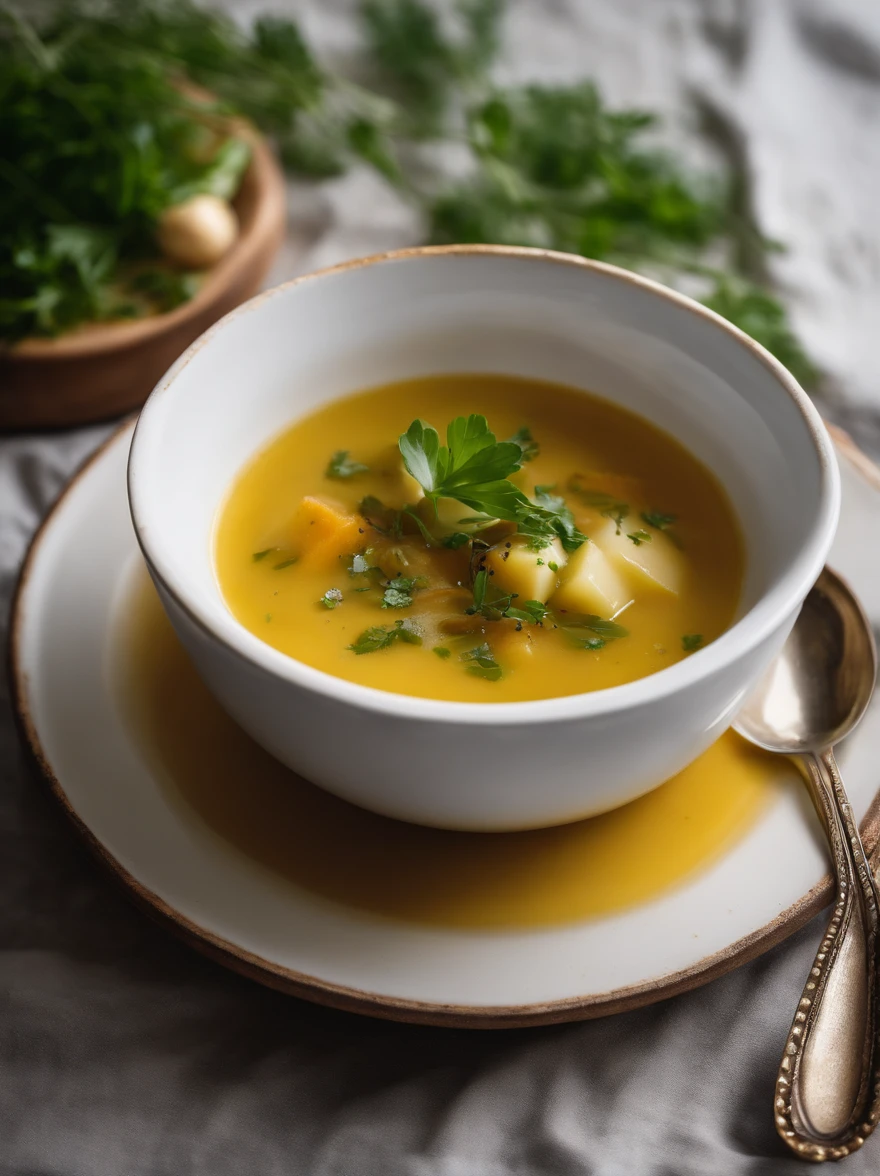 A visually pleasing composition of a rustic potato soup in a ceramic bowl, with chunks of potato, herbs, and a drizzle of olive oil on top, creating a visually comforting and nourishing scene.