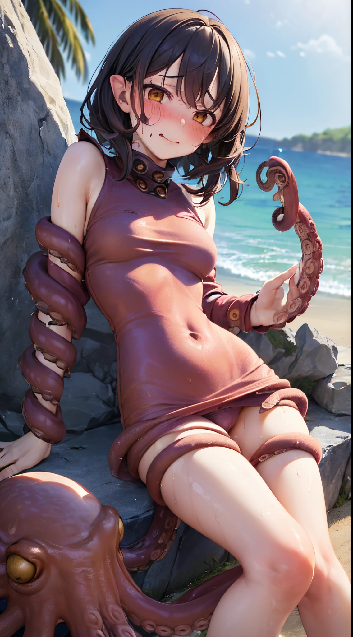 One lady,ar old, ,(((blushed face))), ((Octopus tentacles)), (((octopus)))((I'm opening my mouth)),((a miniskirt, body suit))(Happy Ahe Face),Wet with sweat,(A dark-haired,),((sand beach,,))((Clothes are torn))