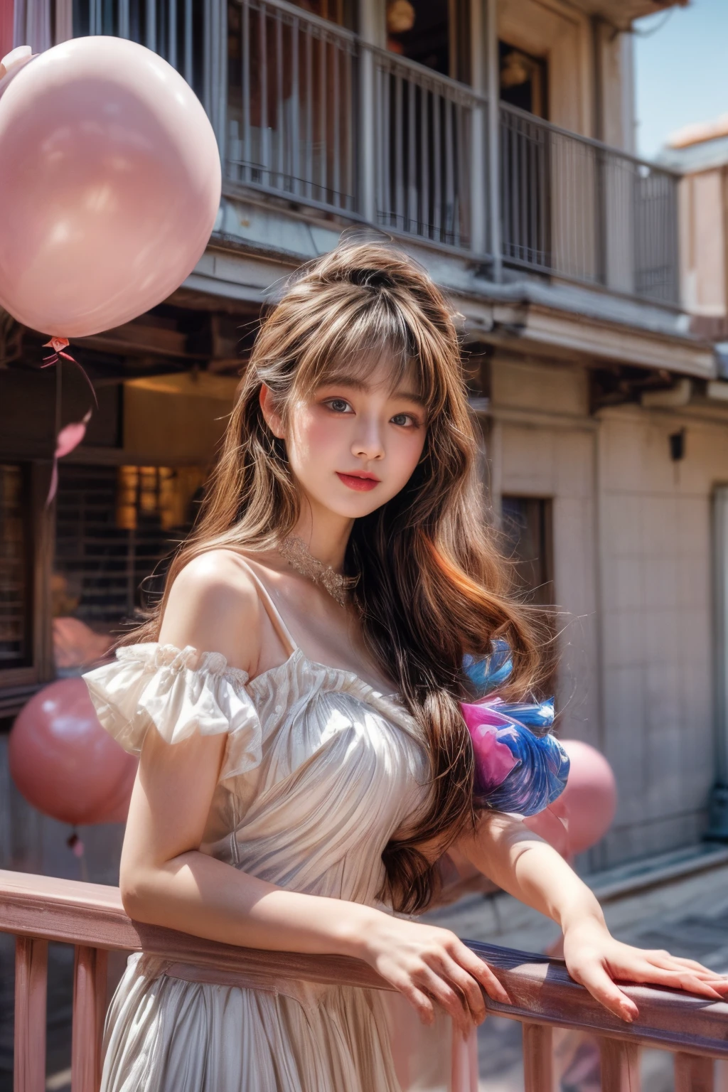 ​masterpiece、8K、32K、top-quality、(A detailed eye)、(A cute Japanese woman、bangss)、23years old、1 girl in、elegent、(Detailed background depiction、portlate:1.2)、frilly dress、(balconies、birthday party、Colorful balloons:1.3)、Sit up、cowboy  shot、ssmile