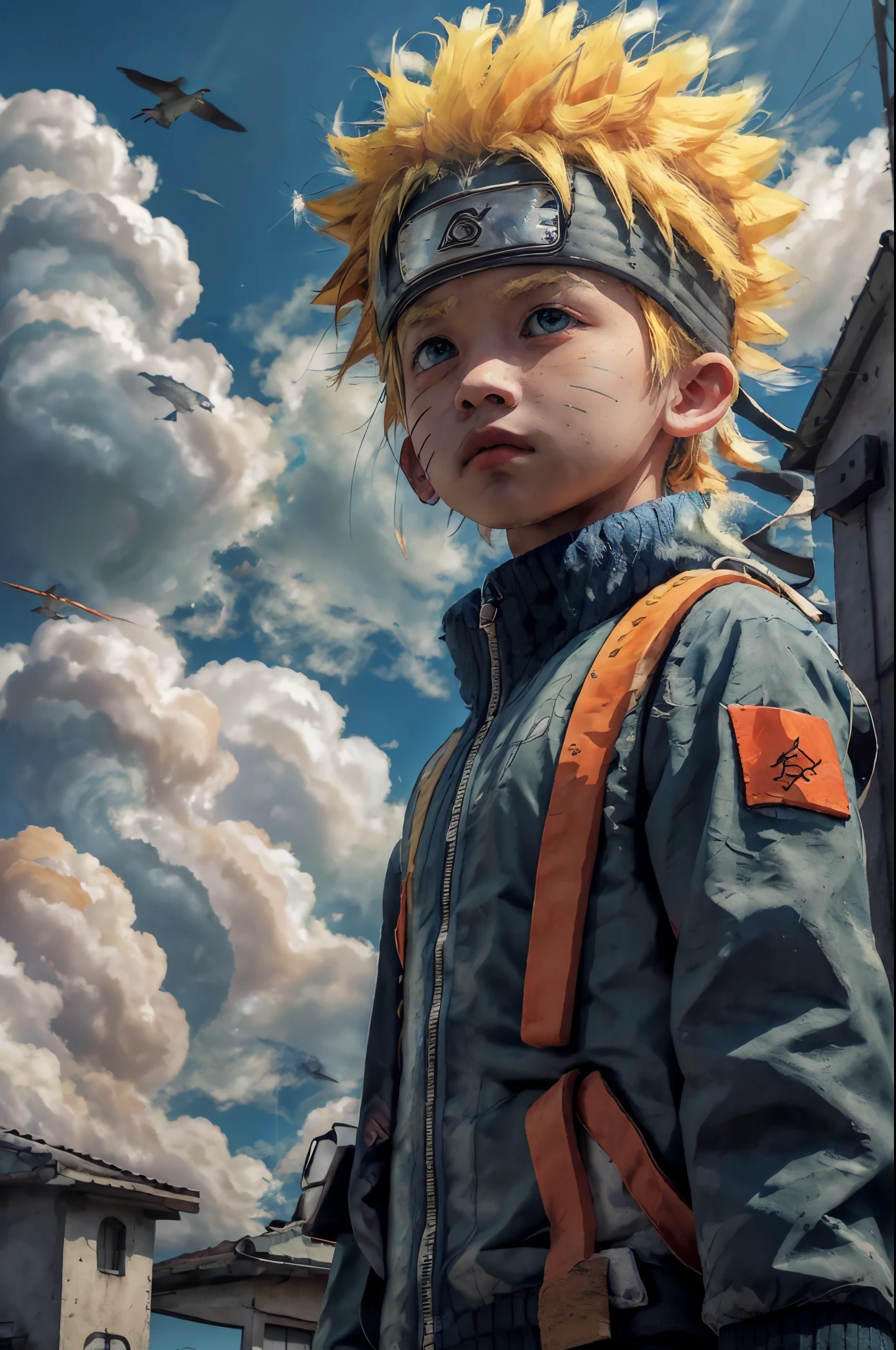 chibinaruto, 1boy, blonde hair, male focus, solo, sky, green eyes, cloud, day, whisker markings, bird, blue sky, male child, jacket, outdoors, upper body, cloudy sky