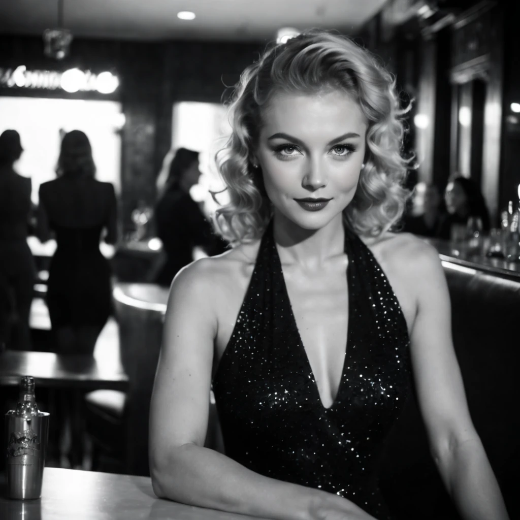 (nklnor), dark shot, front shot, cinematic, ((half body ))photo of a 25 y.o european blonde woman wearing elegant ((luxury sparkling black dress: 1.8)) with ((silver jewels: 1.6)), flawless angelic face, ((sitting in a bar with drinks)), perfect eyes, ((soft light beam on her eyes: 1.2)), natural skin, (skin pores:0.6) (skin moles), ((endless long extra long blonde curly hair: 1.32))), (photographed in film noir style), (((black and white filter)))), ((monochrome tones)), heavy shadows, contrast lighting, best smile,point of view variations, dynamic composition, cinematic shot, cinematic lighting,heavy shadows, soft backlight on hair, Nuclear Film Noir 40s movies film still, film grains,foggy atmosphere, bokeh