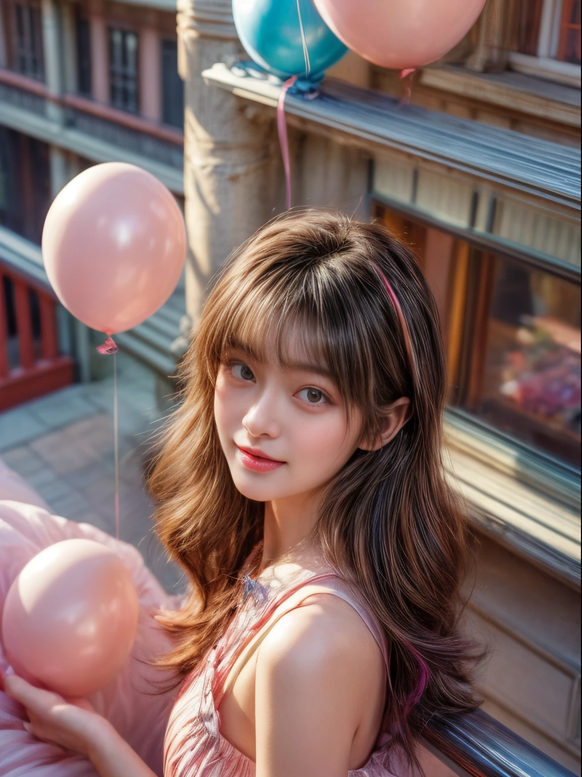masterpiece、8K、32K、top-quality、(A detailed eye)、(A cute Japanese woman、bangss)、23years old、1 girl in、elegent、(Detailed background depiction、portlate:1.2)、frilly dress、(balconies、birthday cake、Colorful balloons:1.3)、Sit up、cowboy shot、ssmile