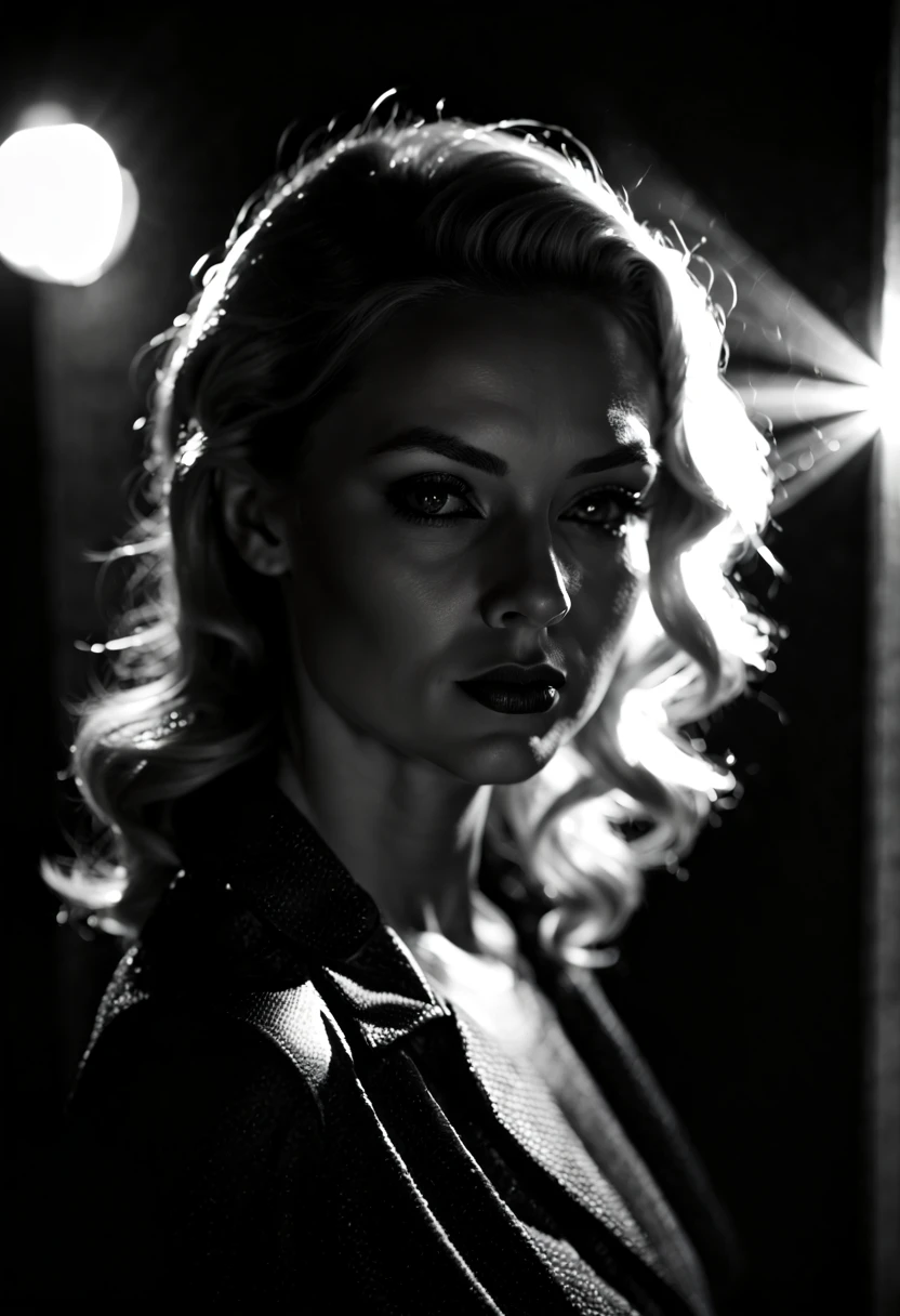 in the style of nklnor, film-noir, blonde woman, light beam on her eyes, high quality, dslr, Fujifilm XT3, qhd,