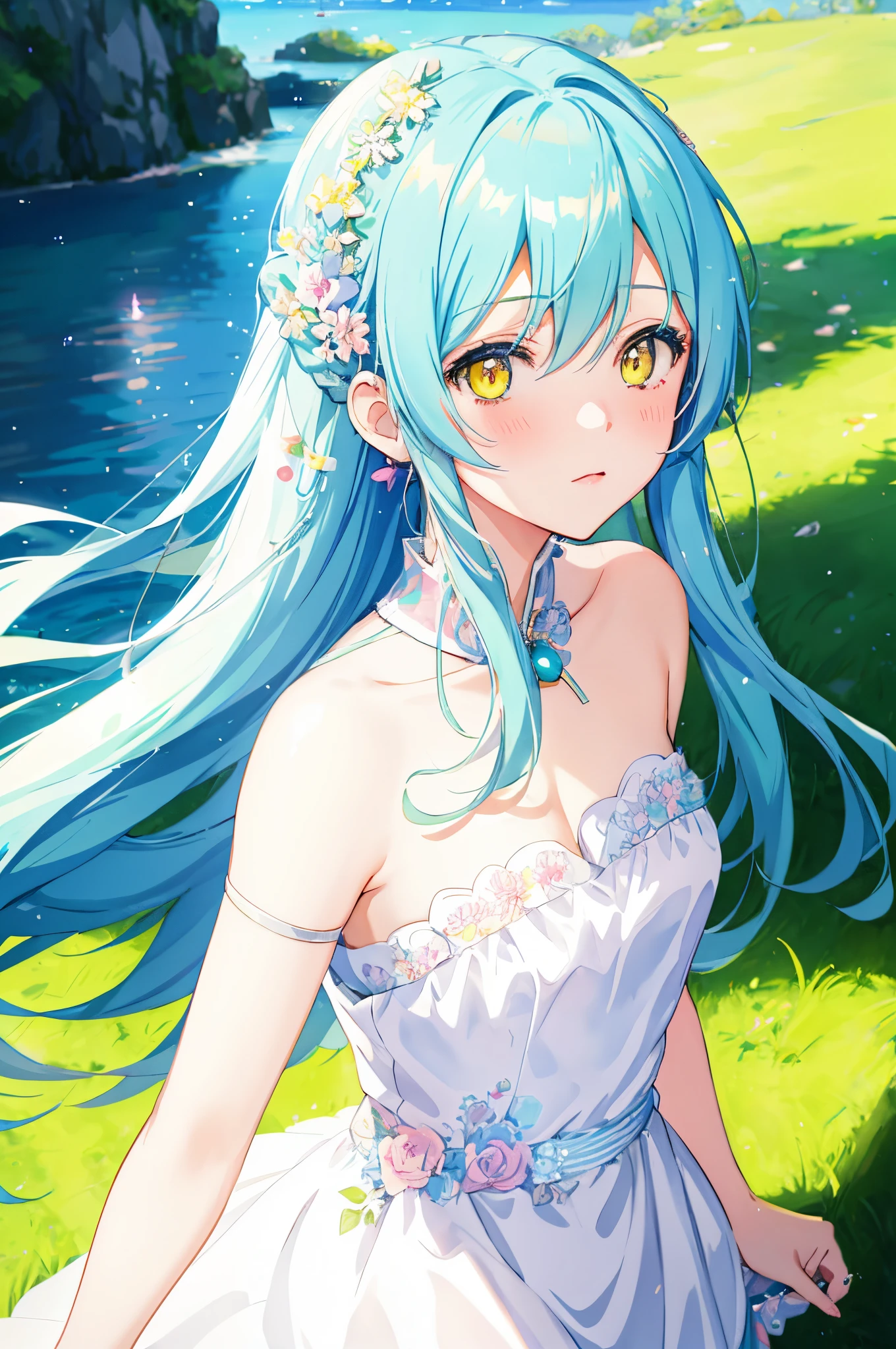 nsfw, {{{{masterpiece}}}}, {{{hyper detailed}}}, {{{highres}}}, {{good anatomy}}, (((best quality))), ((an extremely delicate and beautiful)), {{an extremely detailed and delicate}}, {8k cg wallpaper}, {{illustration}}, (greyscale with colored background:1.1), ray tracing, bokeh, (colorful flowers:1.8), water, (water drop:1.8), (ripples:1.3), (reflection:1.1), (light particles:1.5), chromatic aberration, from above, upper body, (mature female), 1girl, solo, standing, looking at viewer, wet, blush, medium breasts, (cleavage:1), hiten1,