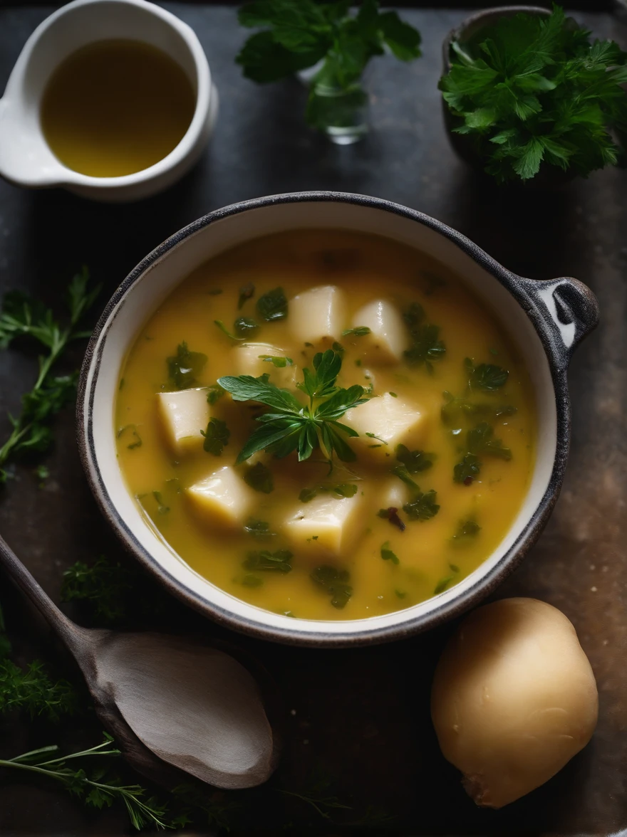 A visually pleasing composition of a rustic potato soup in a ceramic bowl, with chunks of potato, herbs, and a drizzle of olive oil on top, creating a visually comforting and nourishing scene, anamorphic lens bokeh