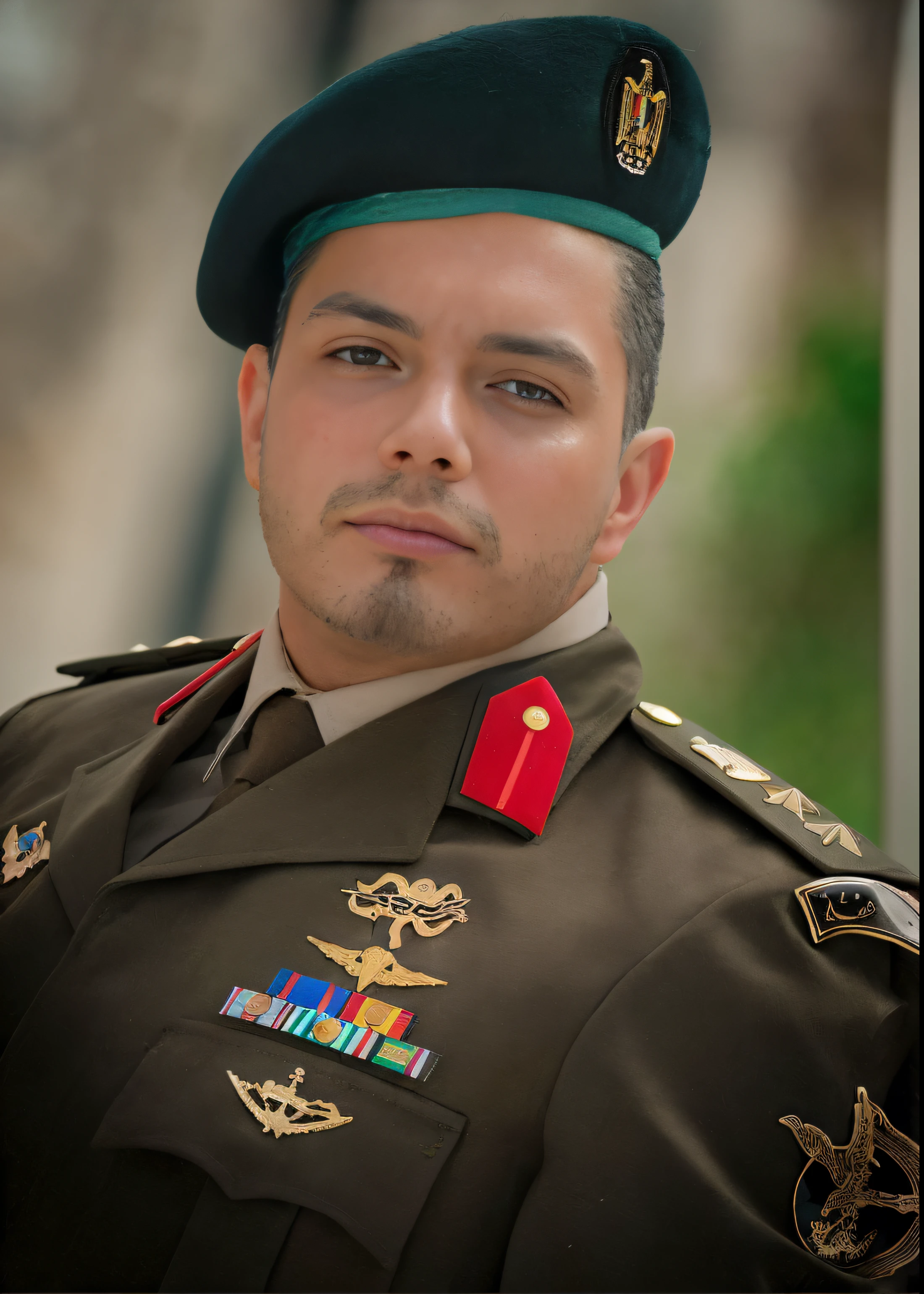 portrait,realistic,charcoal drawing,aged 35,medium fallow skin tone,detailed beard and serious expression,Yemeni military wearing a military with a yemeni flag on his uniform, holding his two years old baby, personalized background,professional lighting,strong,confident pose,masterpiece:1.2,monochrome color tones,dimmed studio lighting 