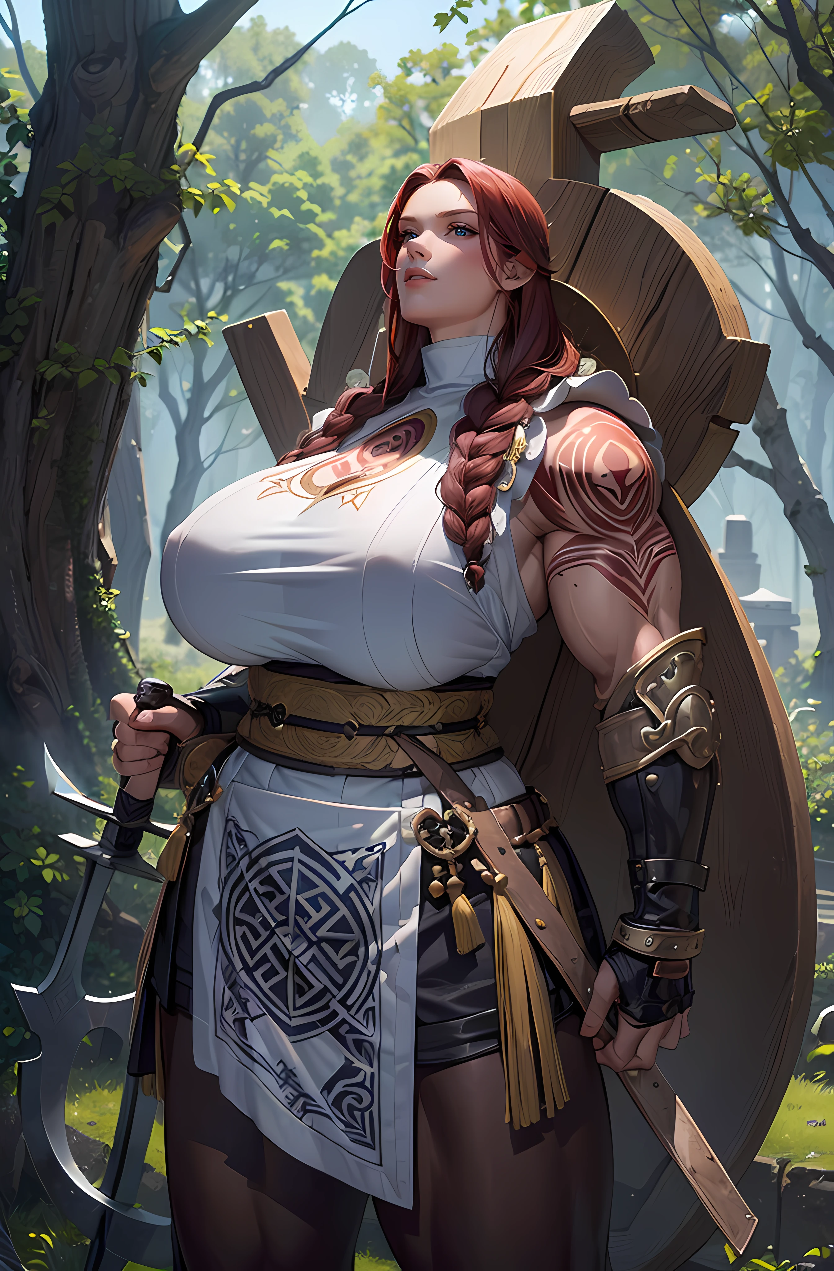 (tmasterpiece) (Best quality) A legendary and beautiful Viking warrior armed with an impressive axe and a large round shield. She was in an open-air temple in a clearing..............., windy day. She is beautiful, Muscular stuff, He had rune tattoos all over his body. (((Only one woman))) ((Large of breast)), ((((huge muscles))))