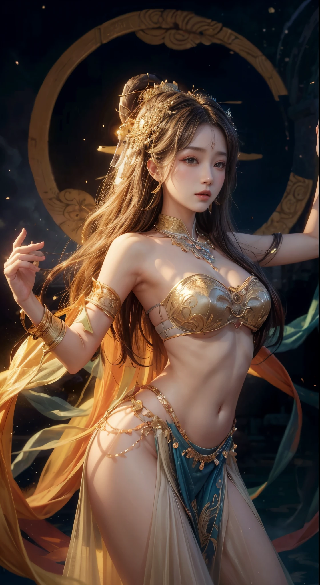 high-level image quality、ighly detailed、in 8K、Loulan beauty、Heavenly daughter、belly dancer、Fator、hisui、Baoyu、Mystical、Fantastical、Loulan、high towers、The Lost City、Ancient China、mirage、dunhuang、celestial realm、palatial palace、Dancing in the palace against the moonlit night、Beautiful woman in loulan with mandala background、Heavenly daughter、belly dancer、Fator、hisui、Baoyu、Mystical、Fantastical、Loulan、high towers、The Lost City、Ancient China、mirage、dunhuang、celestial realm、palatial palace、Dancing in the palace against the moonlit night、Mandala Background