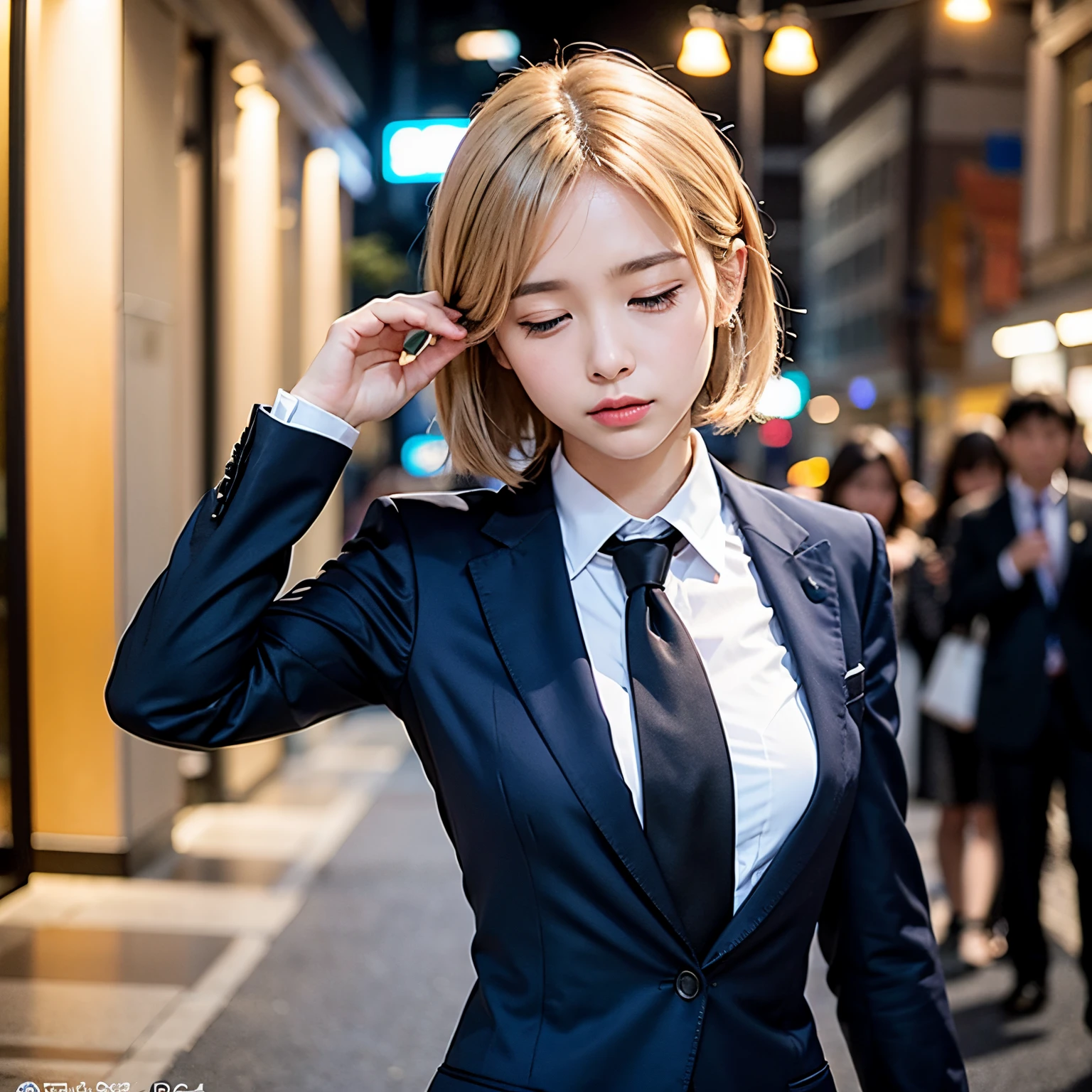 (masutepiece, Best Quality:1.2), 8K, Official art, Full body photo, full body Esbian、Back angle、turned around、cute butt、Suits、Embarrassing black hair、years、small tits、Eyes closed、Deep sadness、Sorrow、look up sky、screeming、 unbelievable Ridiculous, (Upper body, Dark blue suit:1.4), Beautiful Girl, Pretty Face, arching back down, cute panty、Gold hair ornament on hair、Wearing a cute suit、close up, Wearing a suit, Short sleeve, gardenia, violaceaess, Teen, Street, Looking at Viewer, Film grain, chromatic abberation, Sharp Focus, face lights, Dynamic lighting, Cinematic lighting, Eyes and faces with detailed, Bokeh background, (Tie with Emma written on it、1 copy:1.2)