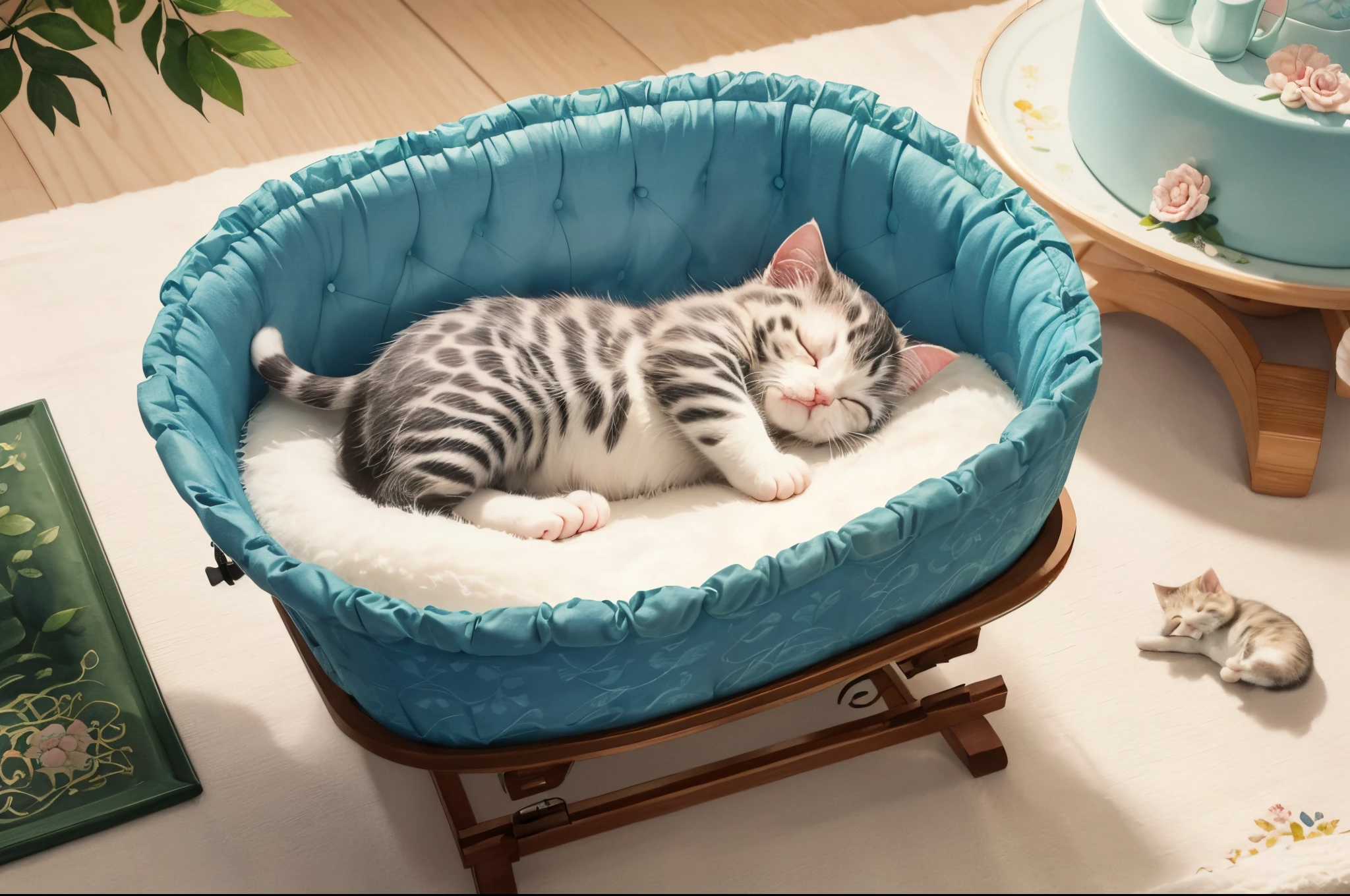 (hightquality、in 8K、Ultra HD)、(Tiny little kitten sleeping in a small cradle 1animal)、Pattern and color are random、Looks good、intricate and detailed watercolor painting、Digital Painting、Fantasia