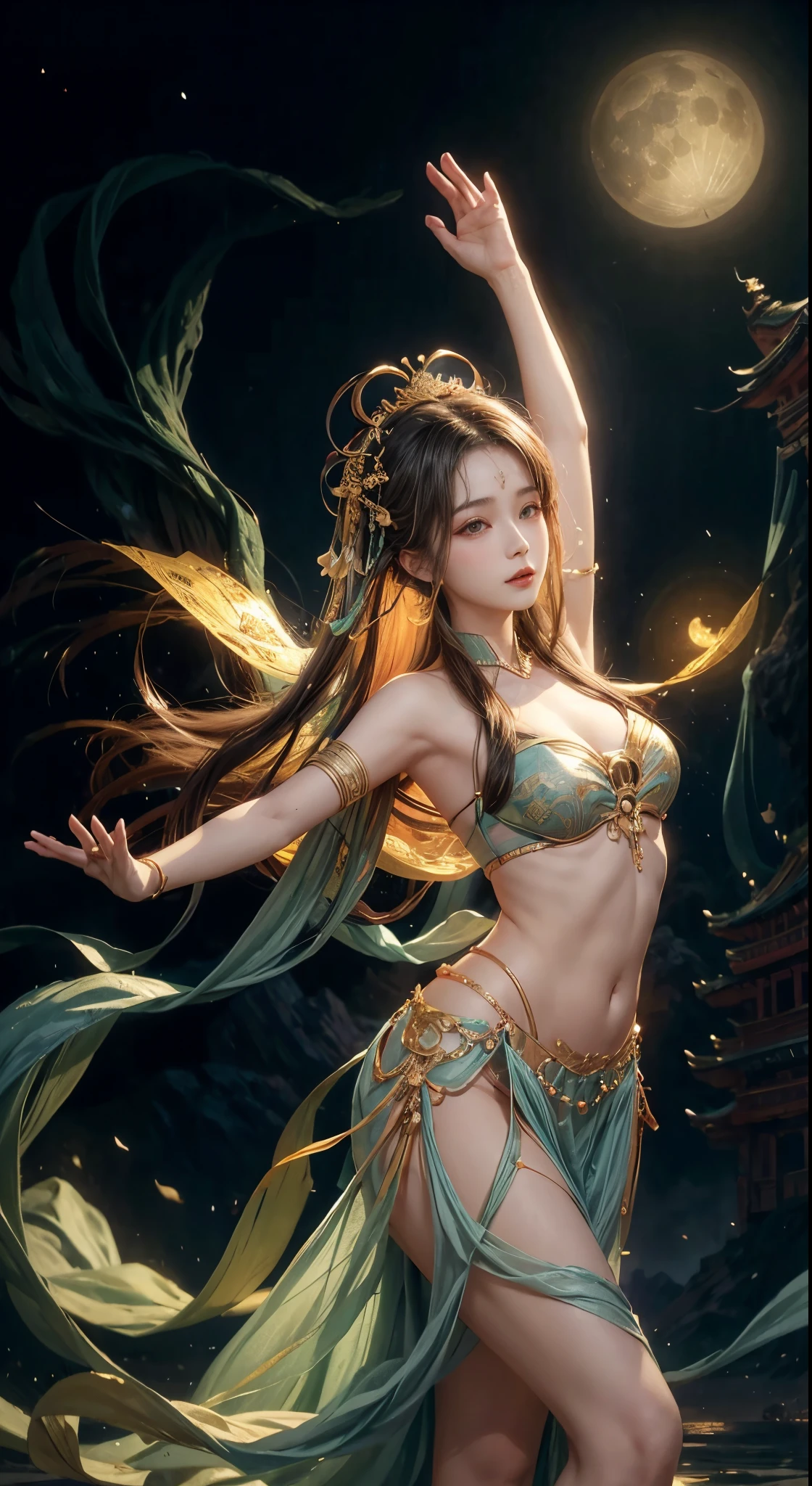 (realistic, photo-realistic:1.4), (extremely detailed CG unity 8k wallpaper), best quality, masterpiece, ultra-detailed, 1girl, eyelashes, messy_long_hair, colorful, smile, dancing, dynamic angle, (huge boobs:1.3), narrow waist, beautiful and aesthetic, upper_body, looking at viewer, dunhuang_style, <lora:dunhuang_v20:0.8>, <lora:koreanDollLikeness_v20:0.7>