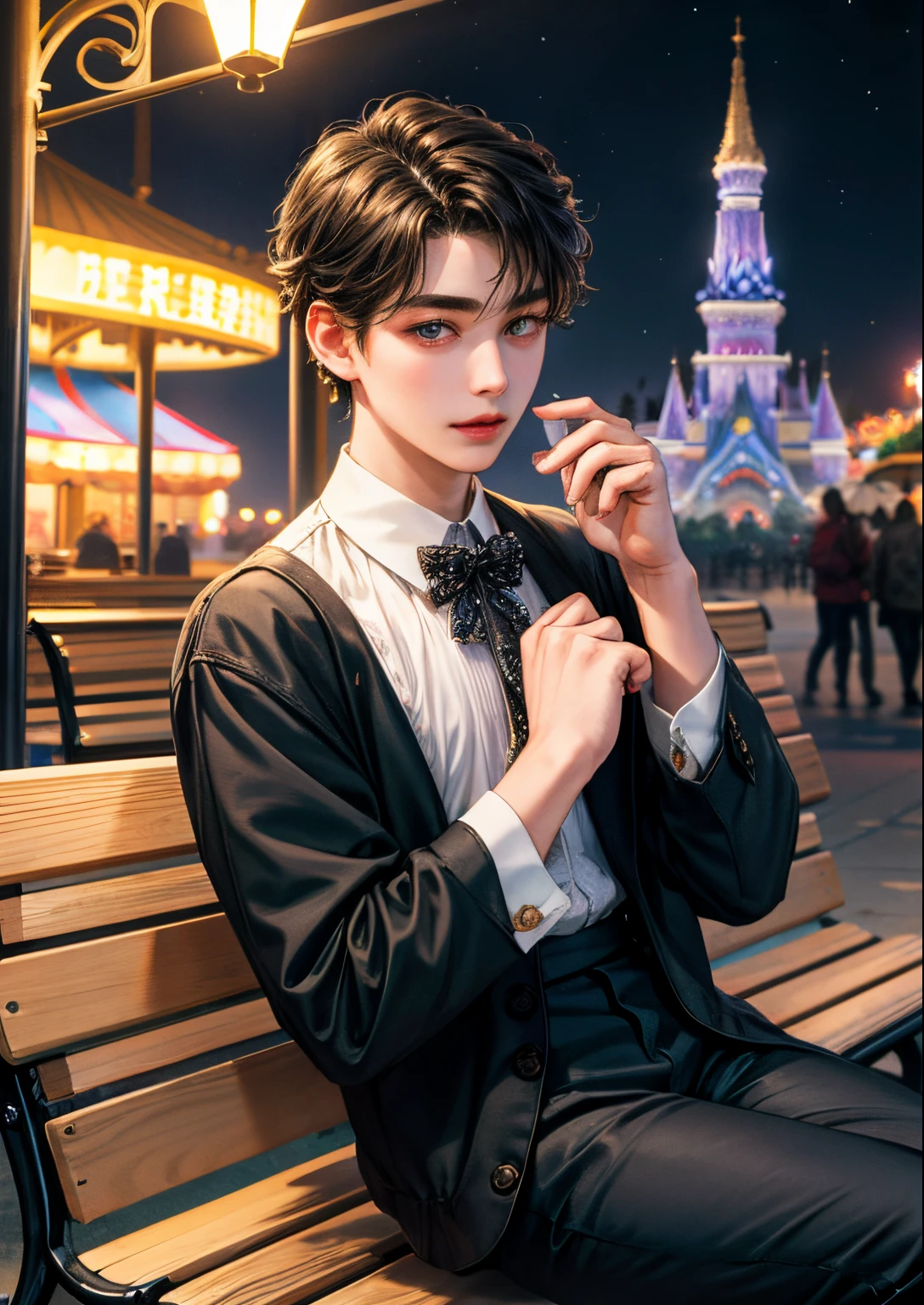 beautiful young boy, Amusement park benches, No people, masterpiece、absurderes、solofocus、Night、beautiful and detailed face、Looking at Viewer,