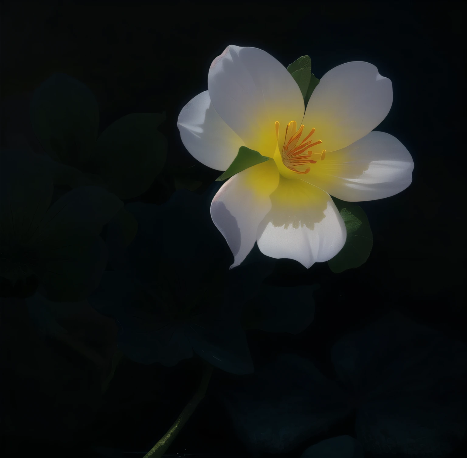down view,A seaweed flower spread flat on the water,There are three white petals fully opened,Not far away there is a seaweed flower whose buds have not yet opened.。