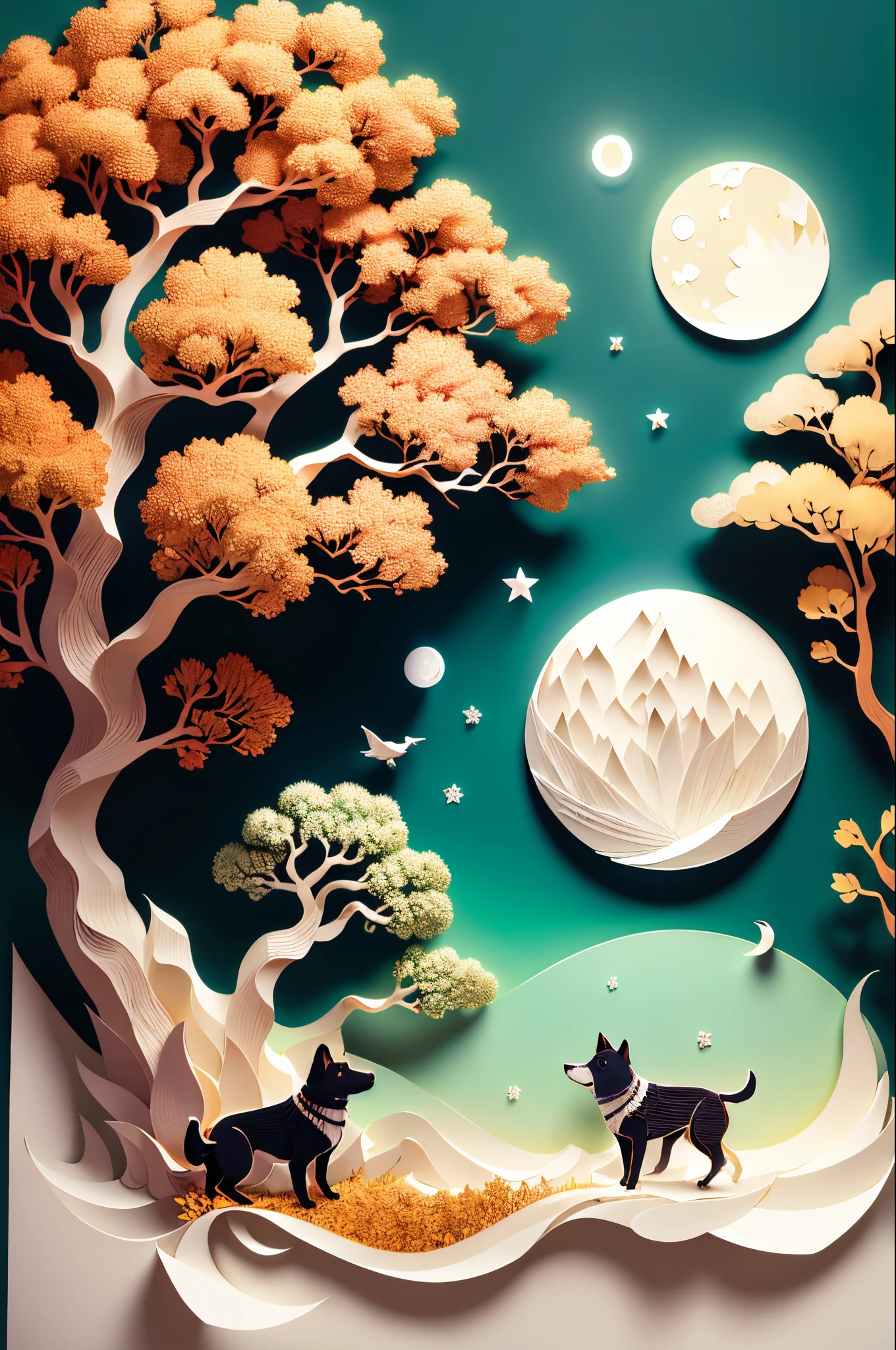 (((masterpiece))),bestquality,illustration,beautifuldetailedglow,
paper_cut, dog, tree,moon,
