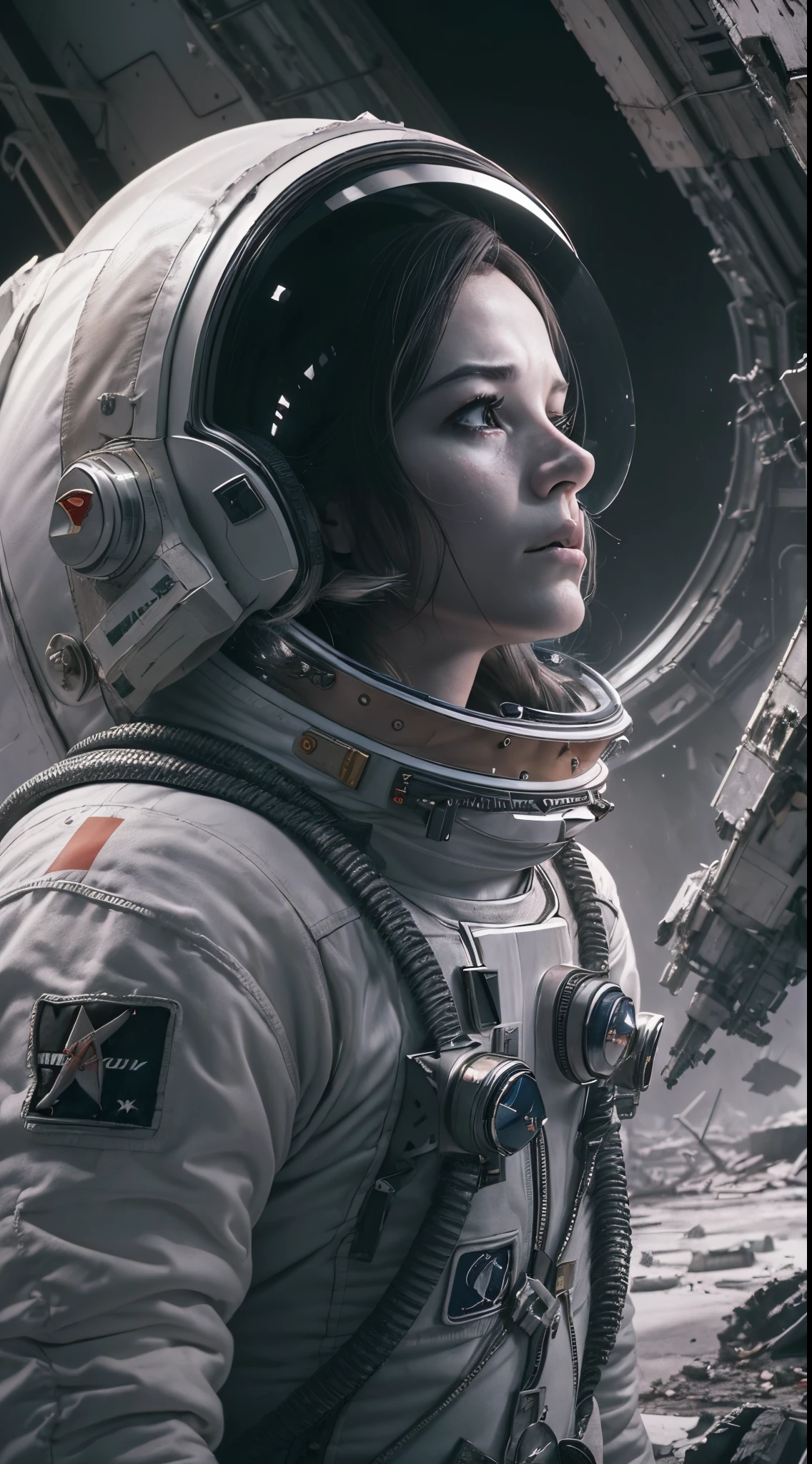 ((a lonely Soviet astronaut)), surrounded by the debris of a destroyed spaceship, female, slender body, Amanda Conner, Joƫlle Jones, Jen Bartel, Tula Lotay, Peach Momoko style, digital portrait, monochromatic, dramatic, intense, devastated, mourning, lost, helpless, wandering, searching, intense, dramatic lighting