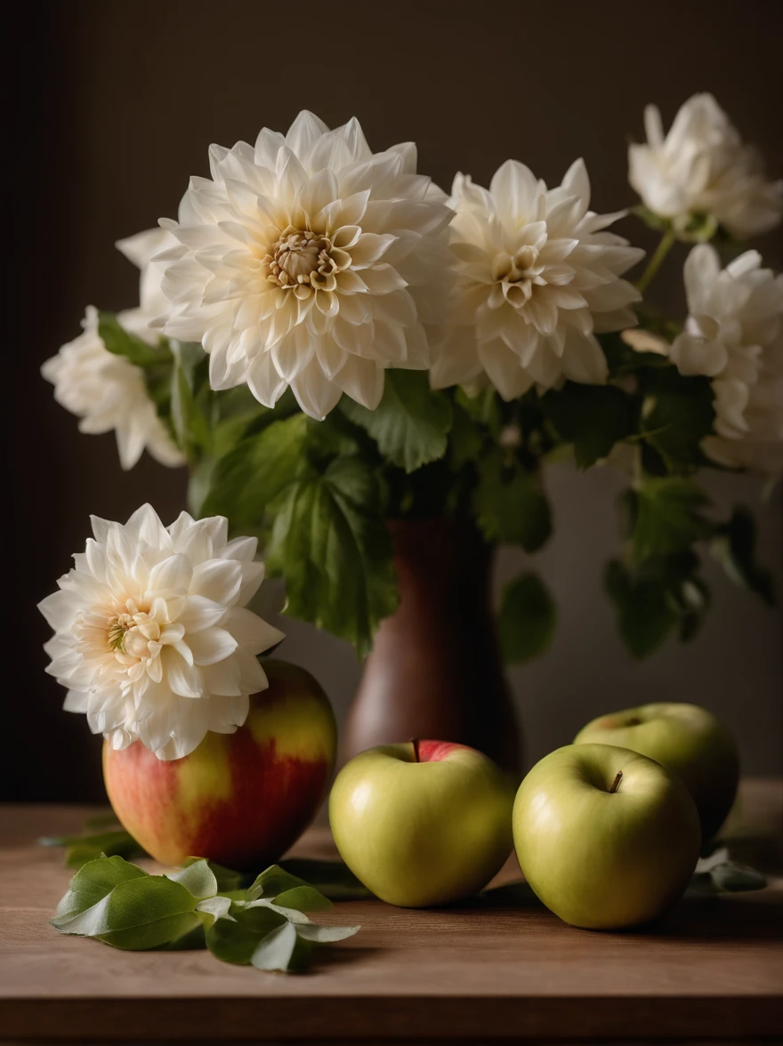 f/2.8, 35mm, UHD, best quality, On the table was a vase,The vase is filled with white dahlias,There are apples on the table, Still life photography, Still Life Photo Gallery, Still life with flowers, dslr photo of a vase on a table, summer morning light, lpoty, author:Alison Geisler, rendered in corona, ICIN《Ceramic art》magazine photoshoot
