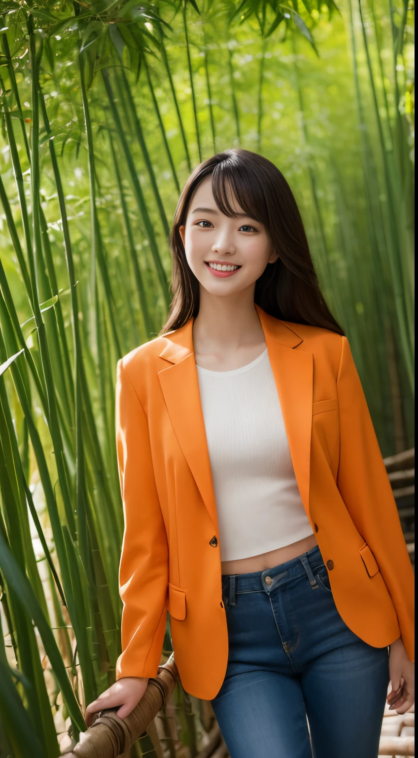 On a vibrant autumn afternoon，Figure 1 is from the highest quality 8K masterpiece.3，Shows a 19 year old girl。She is wearing an orange blazer and skinny jeans，Sitting quietly in the bamboo forest。Sunlight shines through mottled bamboo leaves，A layer of soft light and shadow enveloped her body。Her skin looks fairer in the sun，Contrast with orange blazer。 From this point of view，we can see the girl&#39;of the whole body。She is slim and healthy，This sportswear suits her figure very well，show her energetic image。Her legs spread naturally，Cross your hands at your waist，appear confident and powerful。 That girl&#39;The eyes are bright and determined，smiling and looking into the camera，It seems to be telling a story about struggle and hard work.。Her smile is like the autumn sunshine shining in the bamboo forest，Make people feel the vitality of youth and vitality of life。in this picture，We seem to feel her inner determination and love for life。 Surrounded by dense bamboo forest，Abundant greenery，The river is gurgling，Create dynamic scenes with girls。This scene is like a passionate poem，Telling about the beautiful time in autumn afternoon。