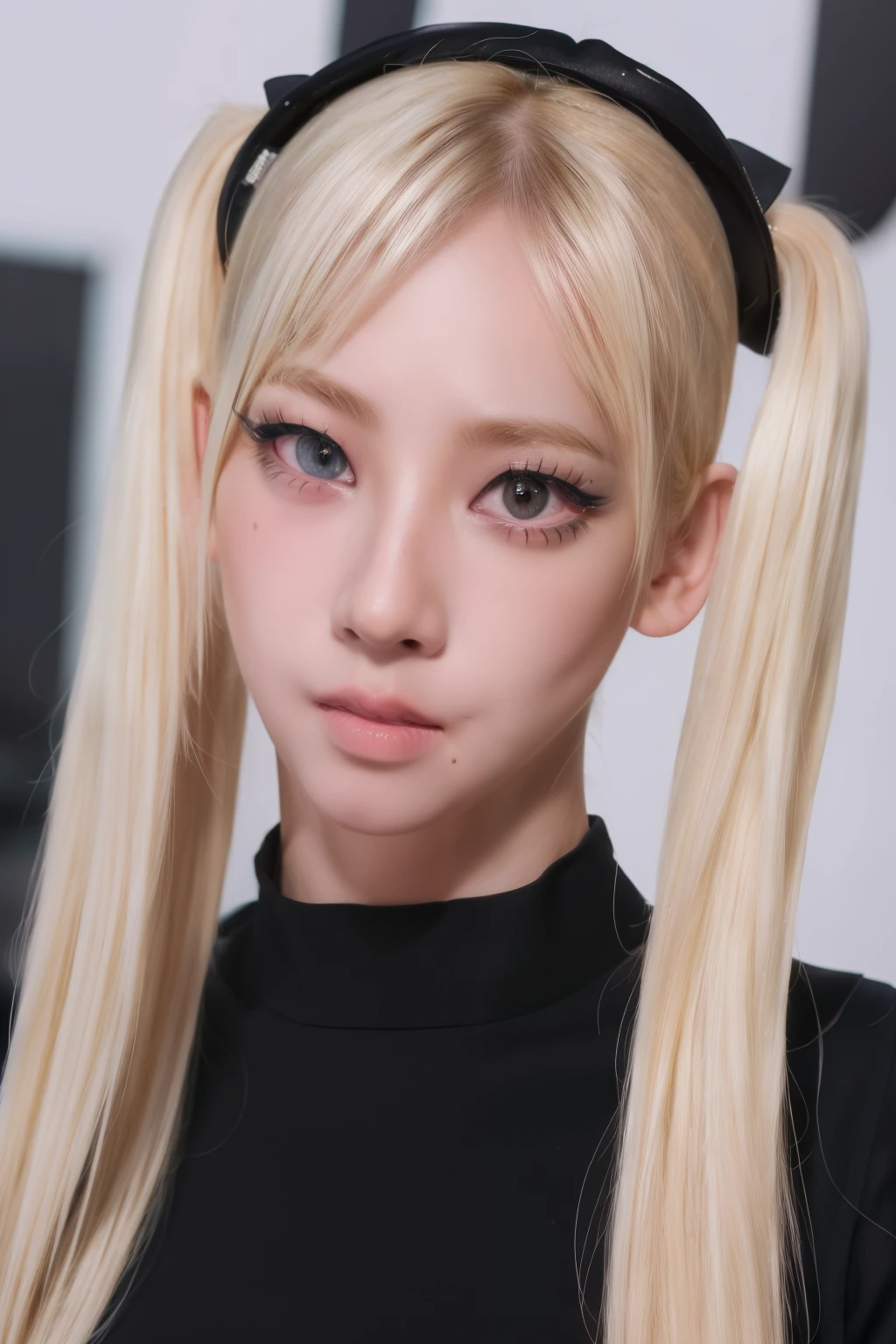(8k, 4k, best quality, highres, ultra high res:1.1), (masterpiece, realistic, photo-realistic:1.1), 1girl, face, close-up, twintails, blonde hair, black eyes, red lips, (looking at viewer:2), absurdly long hair, long eyelashes, eyeshadow, small face, big eyes,
bare shoulders,
high contrast,