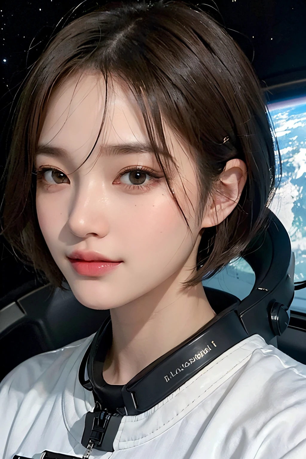 top-quality、masterpiece、超A high resolution、(realisitic:1.4)、Beautuful Women1、Beautiful detail eyes and skin、ssmile、Light brown short-cut hair、The perfect spacesuit、spaceships、cosmic space、Planet of Rain、Sateen、