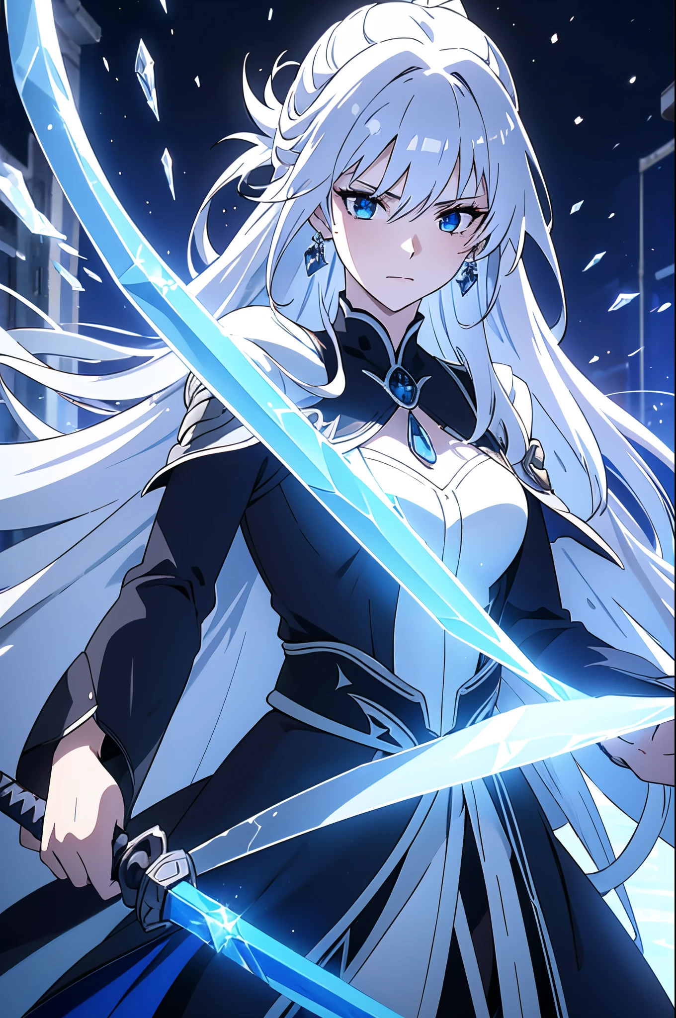 a woman, young, 19 years old, swordsman, long white hair, skin as white as snow, cold gaze, blue eyes like crystal, black clothes, white robe, cape, crystal sword, earring in her ear, background with blue lights.
