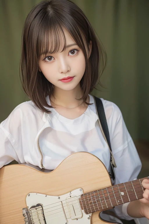 finely detail, hight resolution, hightquality、Perfect dynamic composition, Beautiful detailed eyes, Medium Hair, small tits、Natural Color Lip,Kamimei、Shibuya、20 years girl、1 persons、Transparent skin、Glowing hair、A smile、masutepiece, Best Quality, Illustration, Ultra-detailed, finely detail, hight resolution, 8K、The correct state of the human body、crouching down、Gravure Model Pose,Hair soaring in the wind、(holding an electric guitar)、(white shirt)