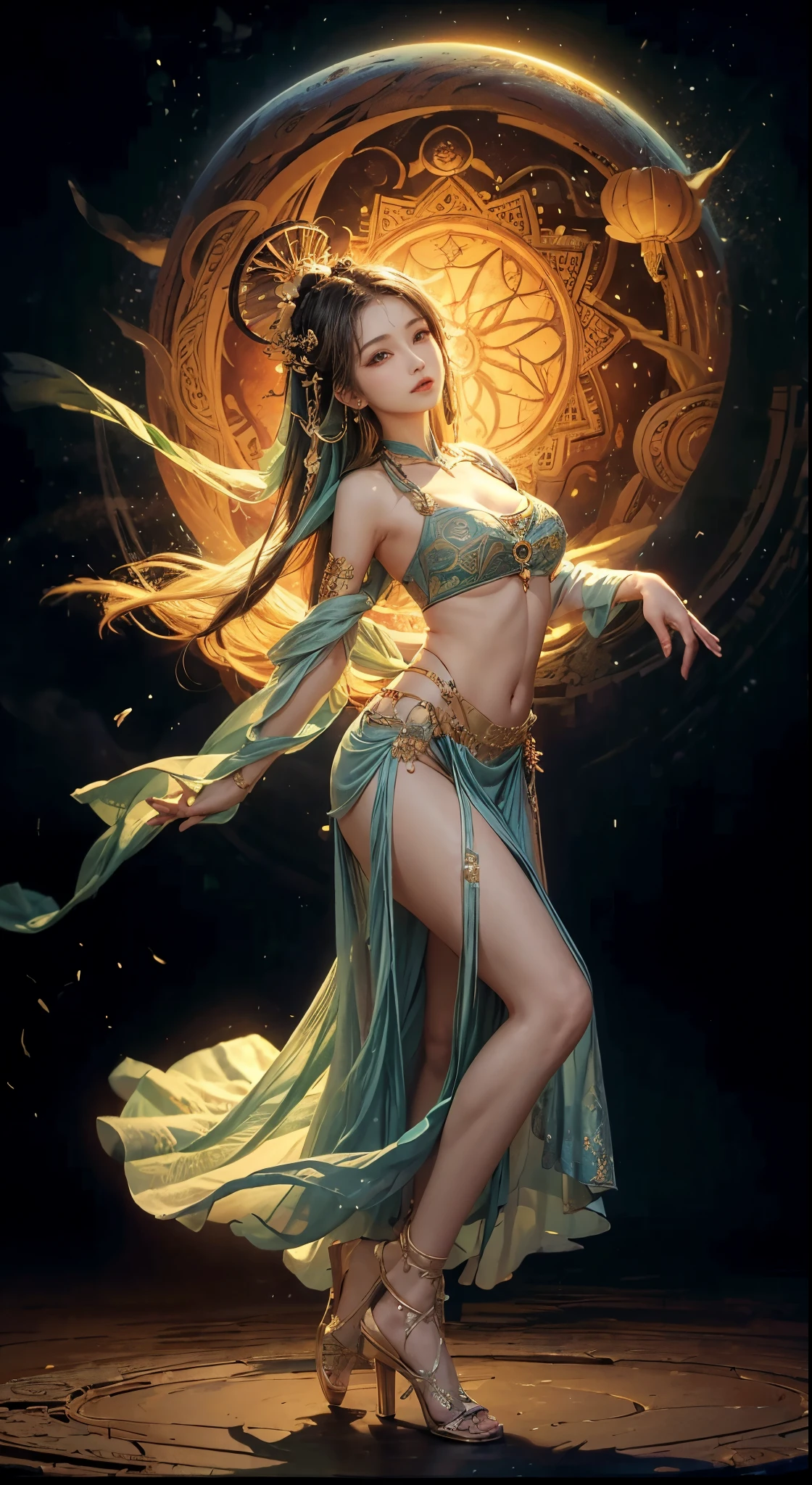high-level image quality、ighly detailed、in 8K、Loulan beauty、Heavenly daughter、belly dancer、Fator、hisui、Baoyu、Mystical、Fantastical、Loulan、high towers、The Lost City、Ancient China、mirage、dunhuang、celestial realm、palatial palace、Dancing in the palace against the moonlit night、Beautiful woman in loulan with mandala background、Heavenly daughter、belly dancer、Fator、hisui、Baoyu、Mystical、Fantastical、Loulan、high towers、The Lost City、Ancient China、mirage、dunhuang、celestial realm、palatial palace、Dancing in the palace against the moonlit night、Mandala Background