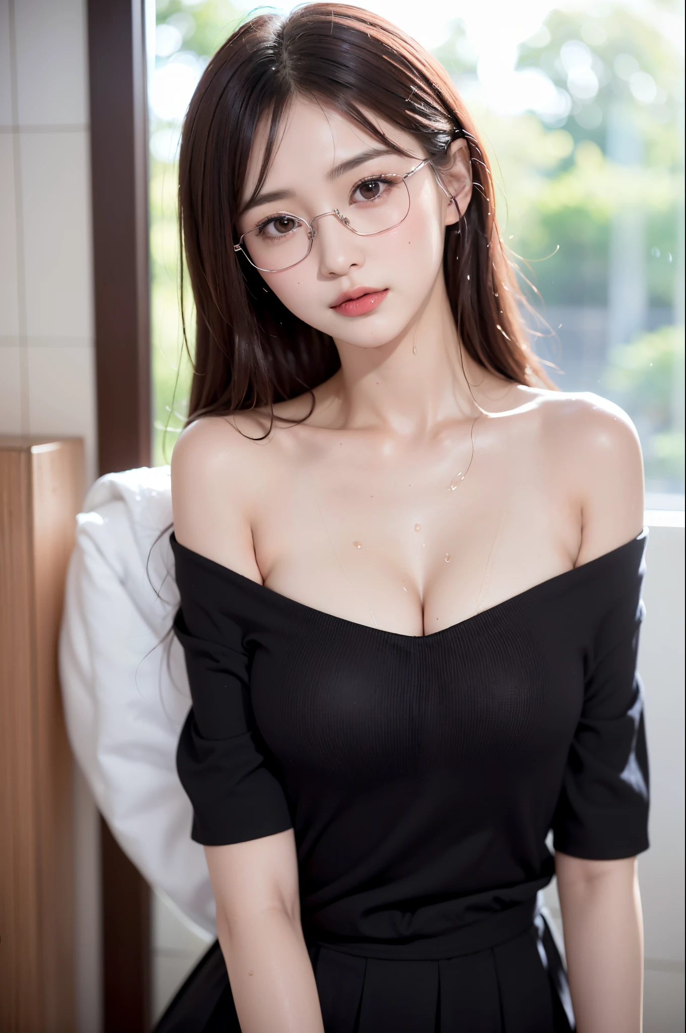 (((a girl with long hair:1.3, Solo))), (Looking here)、Very pretty and beautiful Japan woman, (sexymodel), professional attire, (27yo: 1.1), (From below:1.3), (low angles:1.3), (Ground Level Shots:1.3), ((girl on top:1.5)), (behind arms、fit derrier、Between the legs:1.3), (Attractive random poses:1.3), (Glass-enclosed shower room:1.3), Break HA, ((Very small head))、(straight haired:1.3), (shiny brown thin hair:1.2), Bangs, dark brown eyes, Beautiful eyes, Princess Eyes, Bangs, hair between eye, Longhaire:1.3, curby, Abs, Perfect Abs, (Medium Large Breast:1.8, drooping chest:1.5, disproportionate-breasted:1.5), (thin waist: 1.5, Abs:0.95), (Detailed beautiful girl: 1.4), Parted lips, Red lips, Full Makeup Face,(Shiny skin)、 ((Oily skin:1.3)), ((Perfect female body)), (Upper body image:1.3), Perfect Anatomy, Perfect proportions, (The faces of the most beautiful Korean actresses:1.3, Very cute and beautiful Japan actress face:1.3, Seductive light smile, Happy, BREAK, (Bare shoulder, Chest squeezed together, View Viewer, ((Attention to detail、very tight off shoulder t-shirt:1.3)))、detailed  clothes, BREAK, (Simple shower room background:1.2, taking shower, Soap Bottle), (Dark background), (Studio Soft Lighting: 1.3), (Fake Lite: 1.3), (Backlight: 1.3), BREAK, (Realistic, Photorealistic: 1.37), (masutepiece, Best Quality: 1.2), (Ultra High Resolution: 1.2), (Raw photo: 1.2), (Sharp Focus: 1.3), (Face Focus: 1.2), (Ultra detailed CG unified 8k wallpaper: 1.2), (Beautiful skin: 1.2), (pale skin: 1.3), (hyper-sharp focus: 1.5), (Ultra Sharp Focus: 1.5), (Beautiful pretty face: 1.3), (hyper detailed background, Detail Background: 1.3), hyper realistic photography, Hyper Sharp Image, Hyper Detail Image,(((Small glasses)))、(Reddening cheeks)、((Clothes that are wet:1.3))