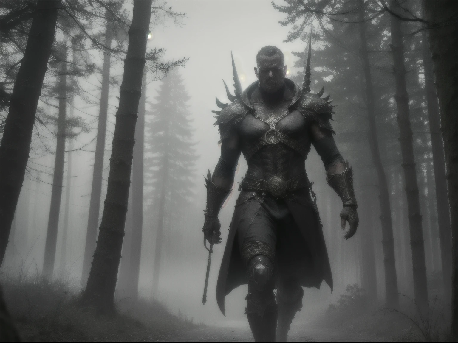 best quality, masterpiece, cinematic lighting, intricate, cinematic detailed realistic background, detailed face, full body, villain, foggy ambiente, dark forest, night