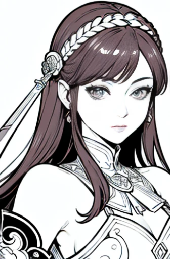 (Cloisonnism:1.2), White background , 1 close up of a woman in a costume holding a sword, a character portrait, fantasy art, extremely detailed ,hot fire goddess, red haired goddess, Oriental elements, reasonable design, Clear lines, (lineart, monochrome)