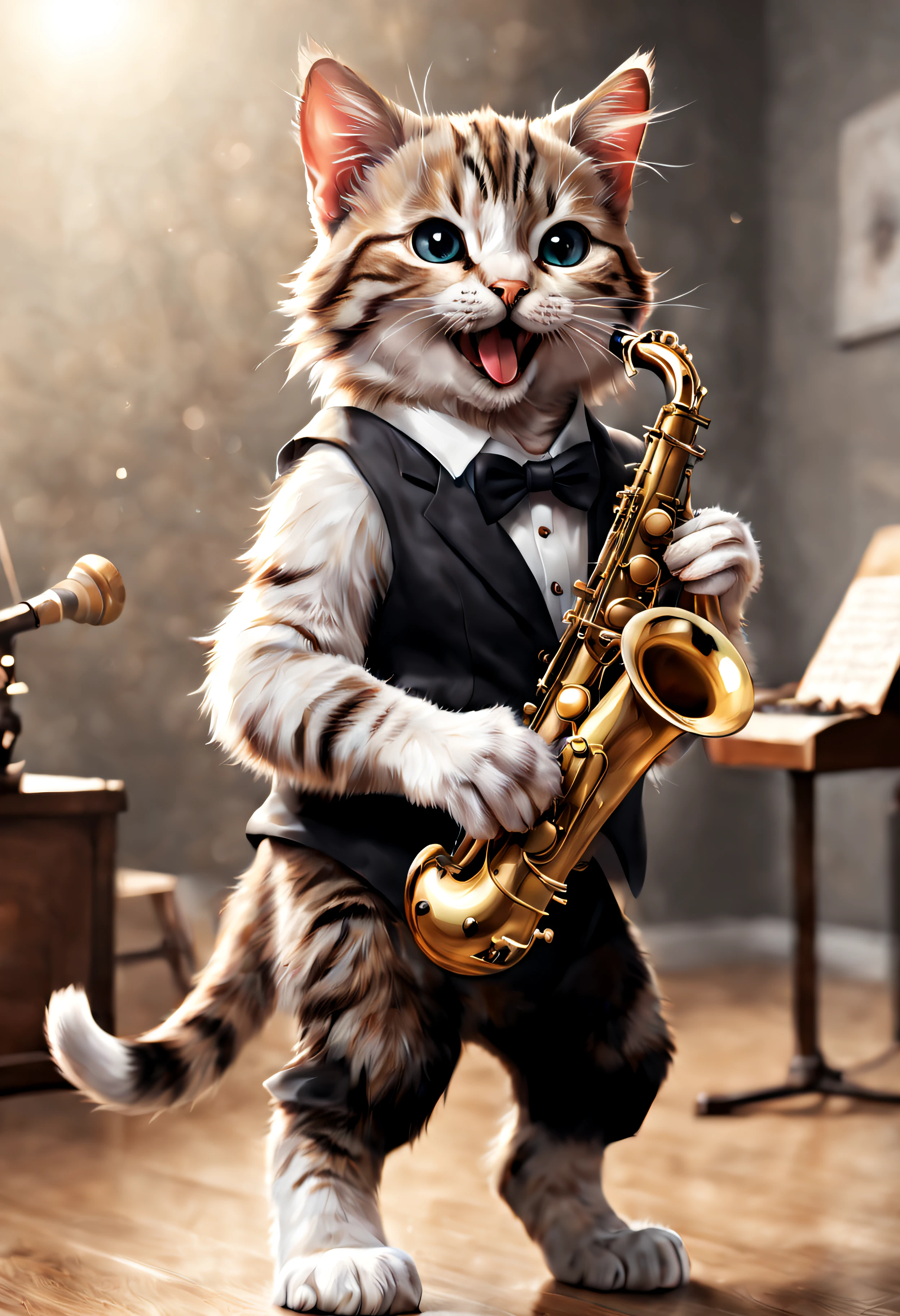 cute and happy, cat, playing saxophone, realistic