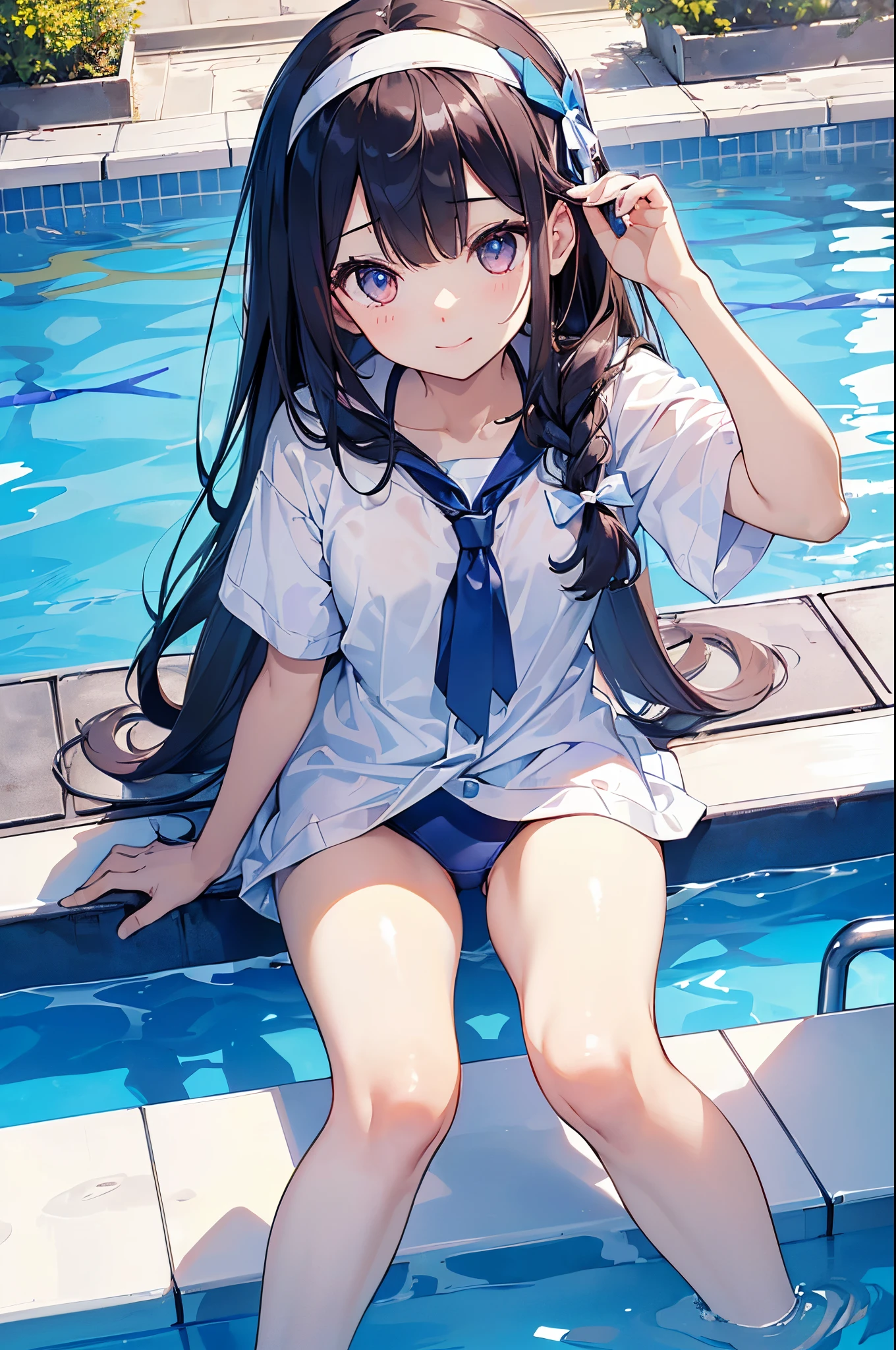 ((2D Beautiful Girl、top-quality:1.3、perfect fingers:1.1、perfect anatomia:1.1、Perfect outfit、face perfect:1.1、Beautiful illustration))、(transform sequence)、((cute decorative headband、swim wears)、ar old、Solio、hime、Fractal Art、babye、((sht long hair))、(Slender and beautiful legs)、big drooping eyes、(full body photographed:1.1、long shot photography)、((1人))、The background is the blue sky and the school pool、a smile