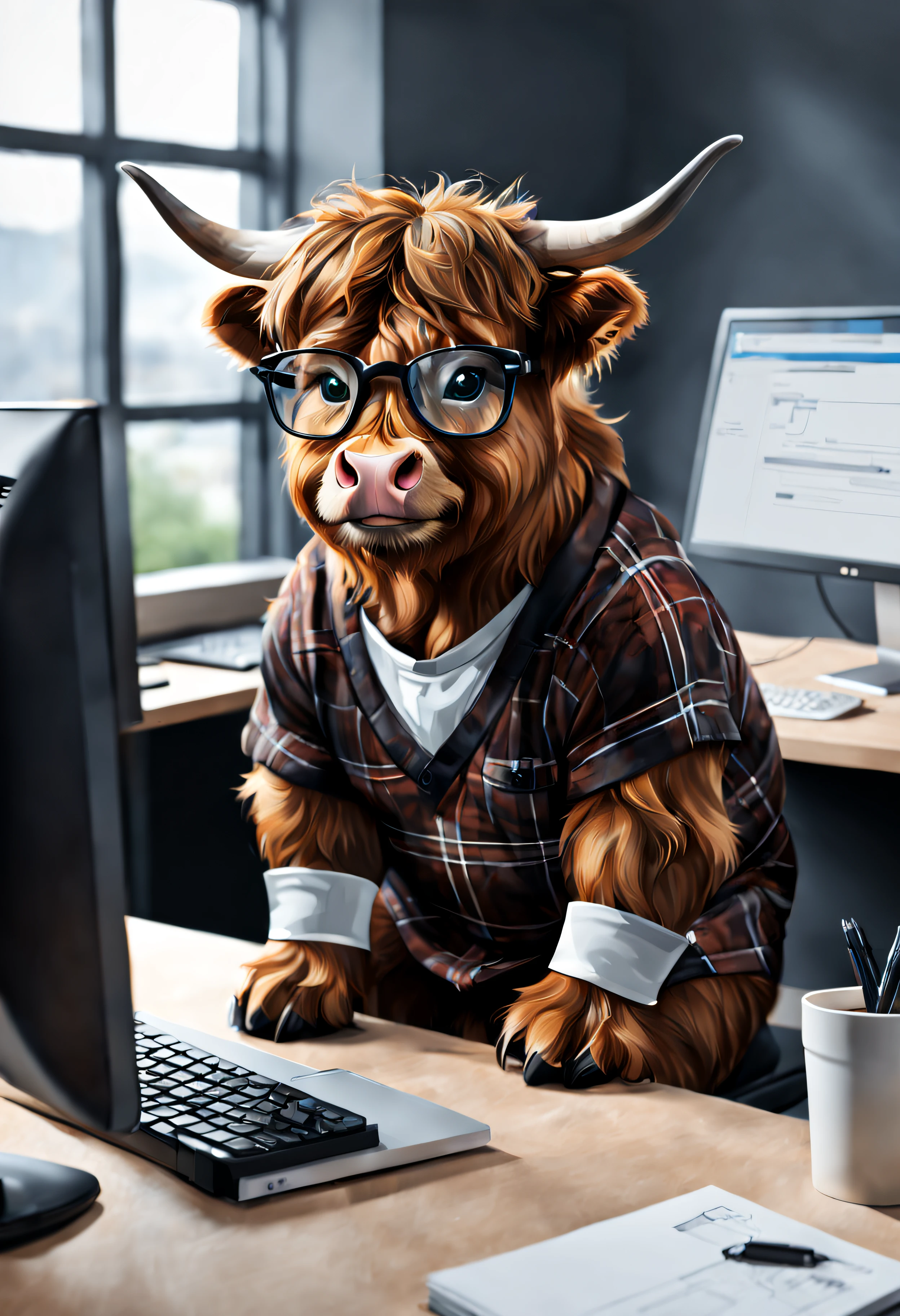 cute and happy, mini scottish highland cow, seating behind a desk, working on a computer, with a sweat on, glasses, in a bank, realistic