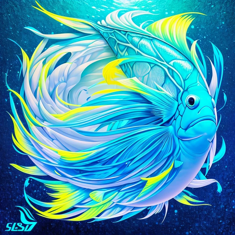 uma vetor de peixe (branco/azul), fundo escuro (preto), arte fantasia, arte em vetor/neon, fluorescente, detalhes perfeitos, arte perfeita, 8k, SDLX