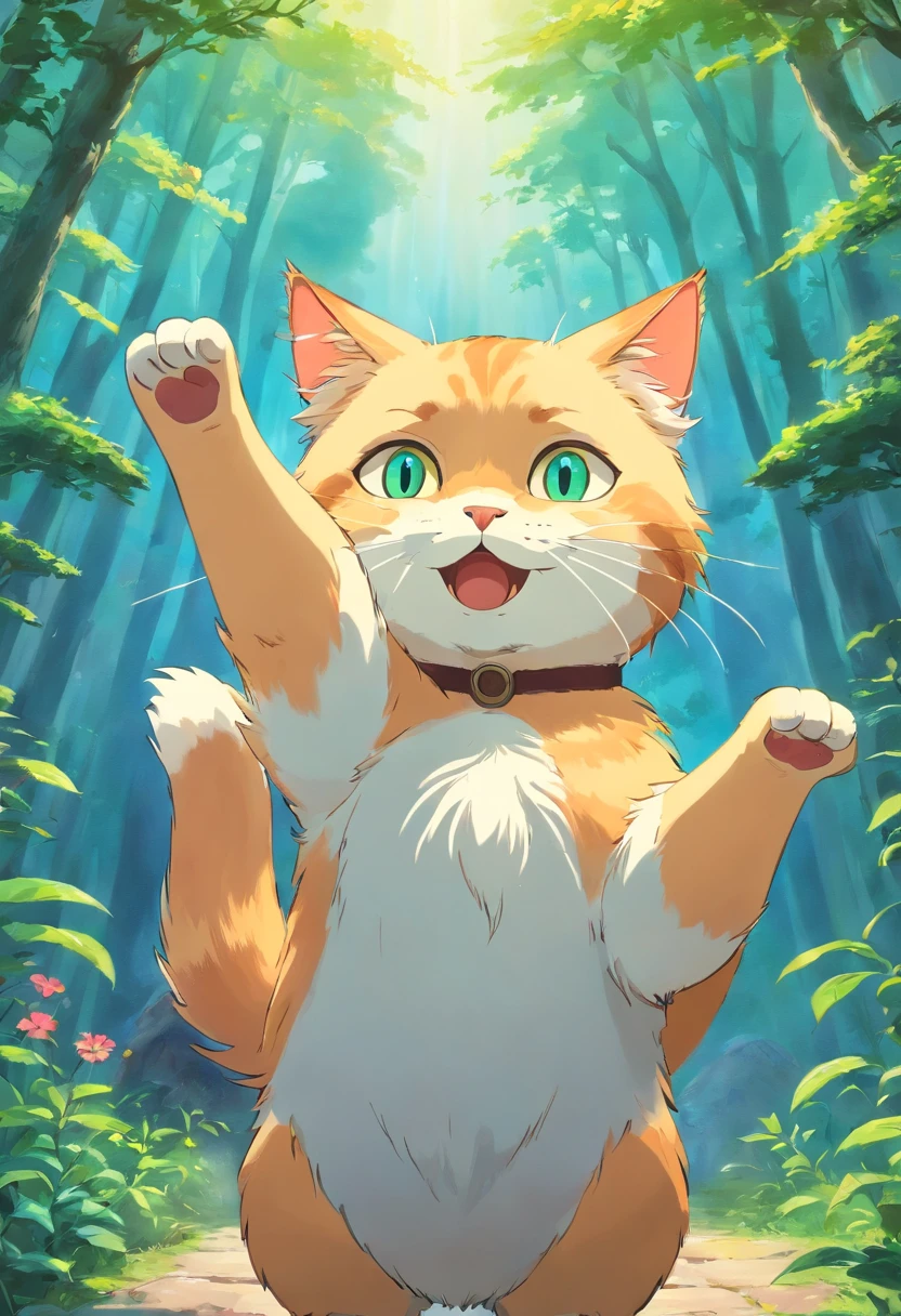 Cat with two hands raised