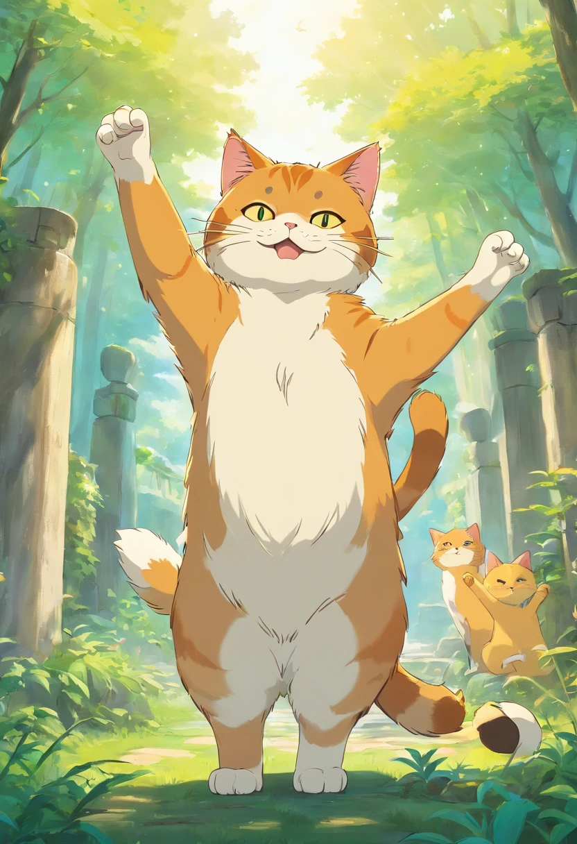 Cat with two hands raised