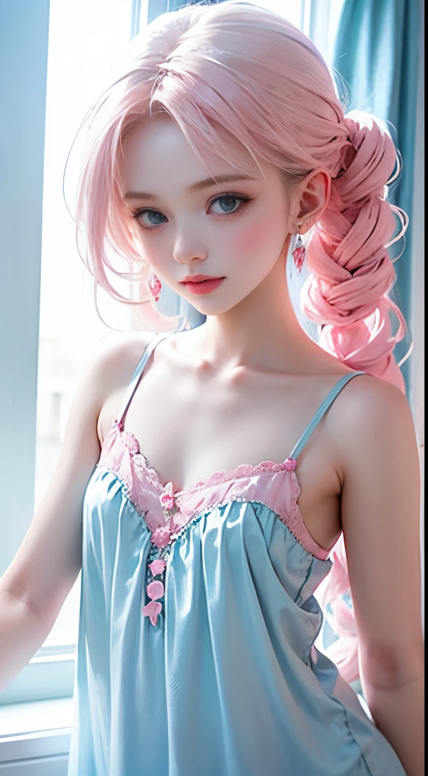 1girl,((beautiful face)), sheer fabric camisole dress, messy bob hair, blue eyes, bangs, hair ornament, pink hair ribbon, upper body, standing, indoors, living room, sofa, tables, window, (NSFW:1.05)