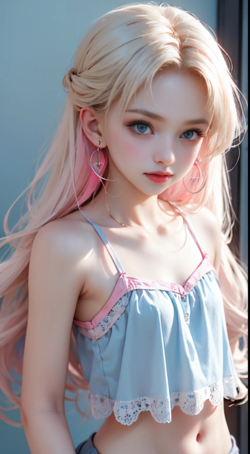 Light blue and pink color scheme,Sexy Girl ,tiny body,Petite,white curly hair, Colorful colored camisole