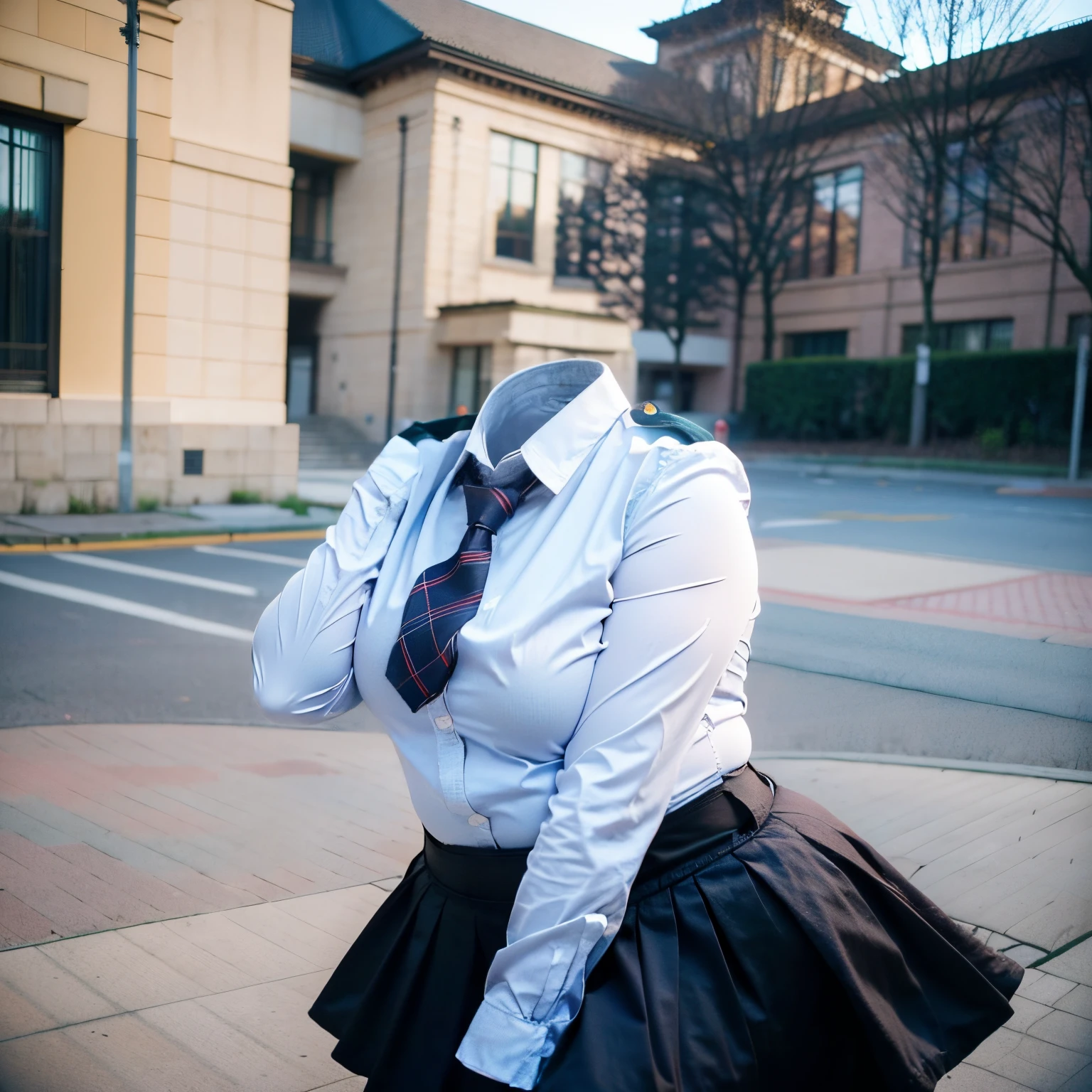 leaning forward, school blouse, sweater vest, stripe tie, plaid skirt, ((fat)), (invisible, no human, headless, handless:1.5)