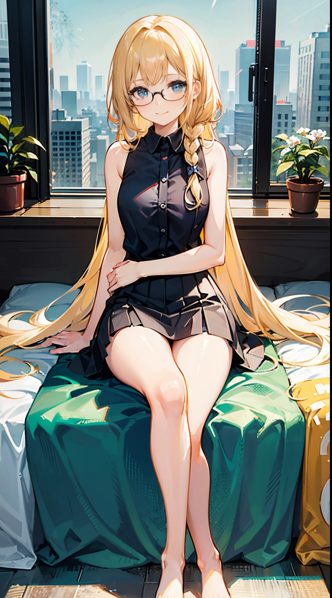 Blonde Girl, 10 years old, Turquoise eyes, long-haired,Braid left and right, Wear glasses, Wear a white sleeveless shirt.............button up. Black miniskirt, sitting on the bed, Put on stockings..........., Show off your legs...............With a slightly smiling face............
