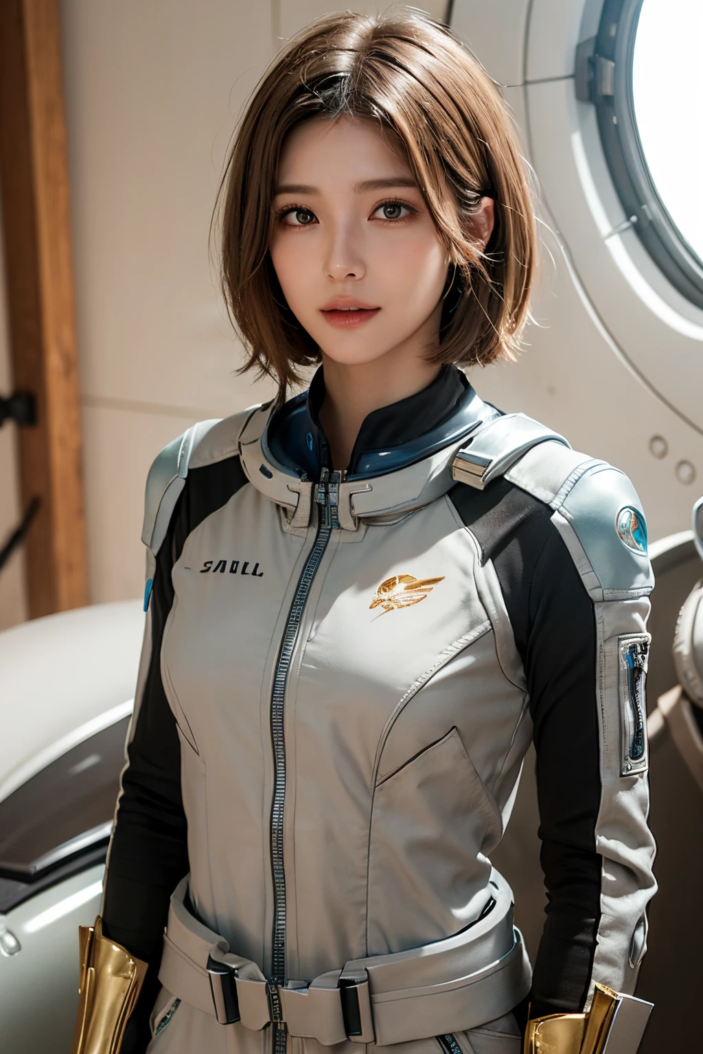 top-quality、masterpiece、超A high resolution、(realisitic:1.4)、Beautuful Women1、Beautiful detail eyes and skin、ssmile、Light brown short-cut hair、The perfect spacesuit、spaceships、cosmic space、Sand Planet、weak sunshine、