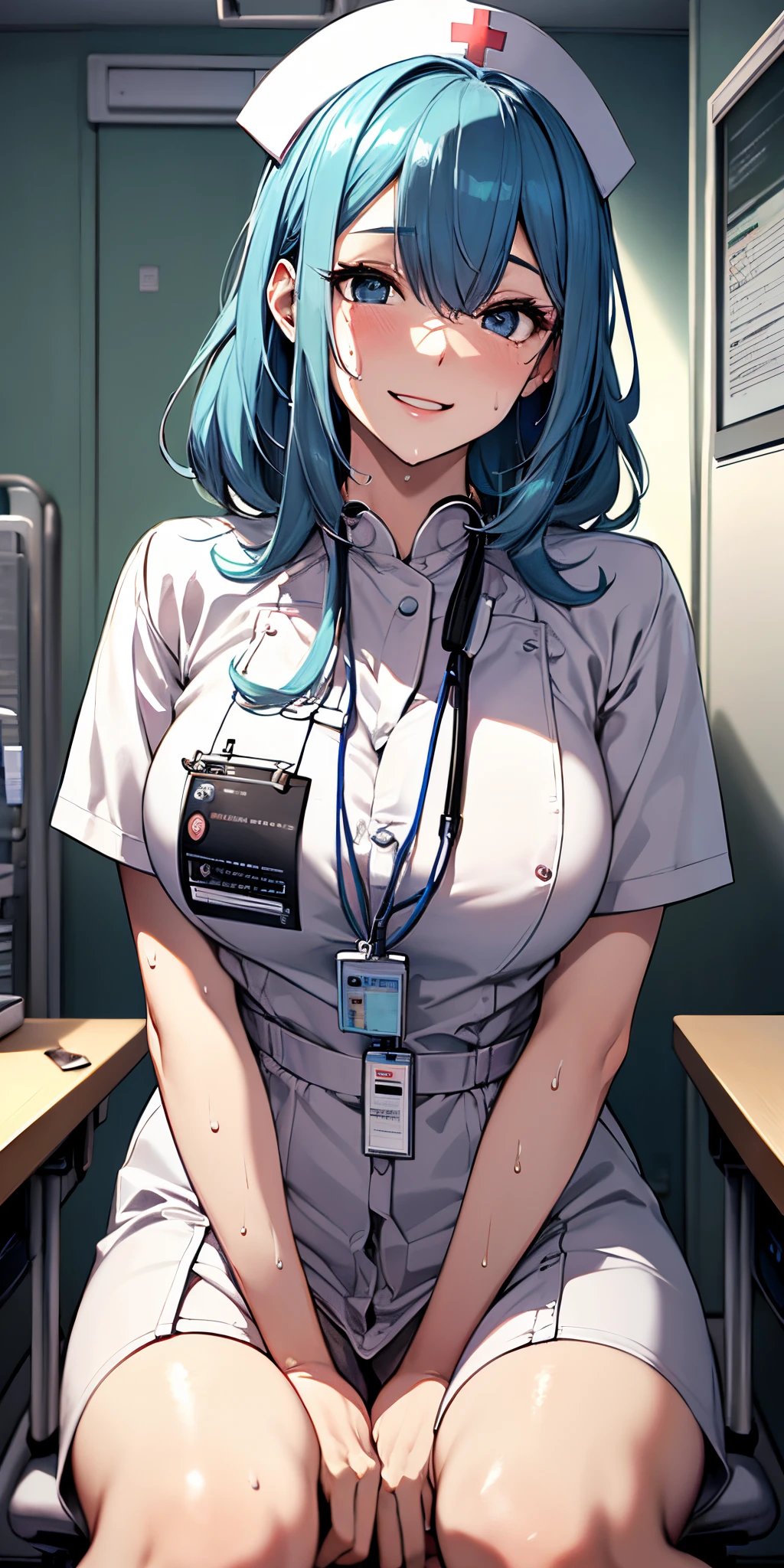 top-quality、supreme1People Girls,hightquality,, ((masuter piece)), ((High resolution)), ((Best Quality)), detail, (cum faced、Excited face.Very happy,), ((Skin shiny with sweat)), OL:1.4、(nurse:1.3)、 girl with, lightblue hair, (Straight、Bangs Patsun)、sit on desk、fair white skin:1.3、、Colossal tits, cinmatic lighting, perfectly shaded,(((Hospital room))), Realistic lighting with shades,
