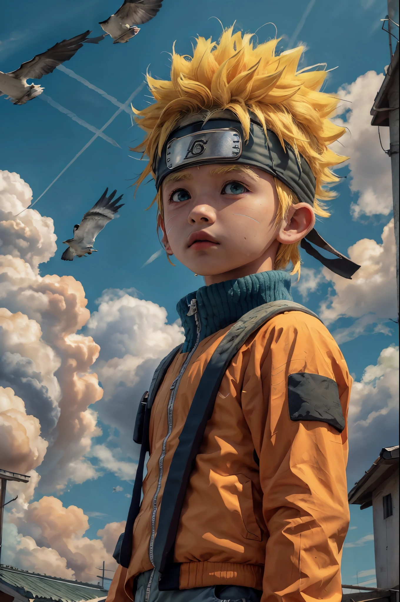 chibinaruto, 1boy, blonde hair, male focus, solo, sky, green eyes, cloud, day, whisker markings, bird, blue sky, male , jacket, outdoors, upper body, cloudy sky