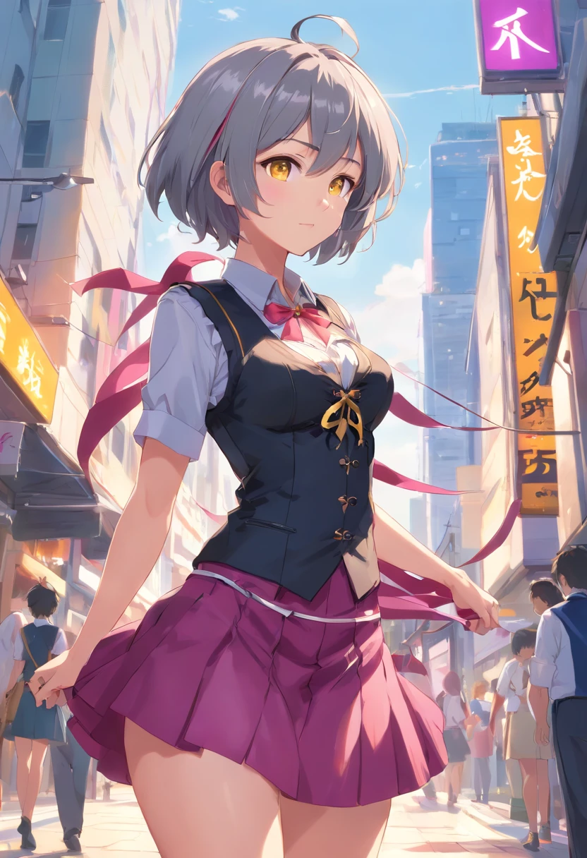 Girls, Gray-haired, short-haired, yellow eyes, Small breasts, cat hair ornament, side locks, Gray-haired, Shiny hair, uniform, (Golden Eyes: 1.2), (Two long triangular extensions at skirt, Best corset for the stomach), White buttons on vest corset, (Short sleeve strip shirt under vest corset), (Sleeves end close to the arm), (thick ribbon of black color on the neck,), ( Short Magenta Skirt),