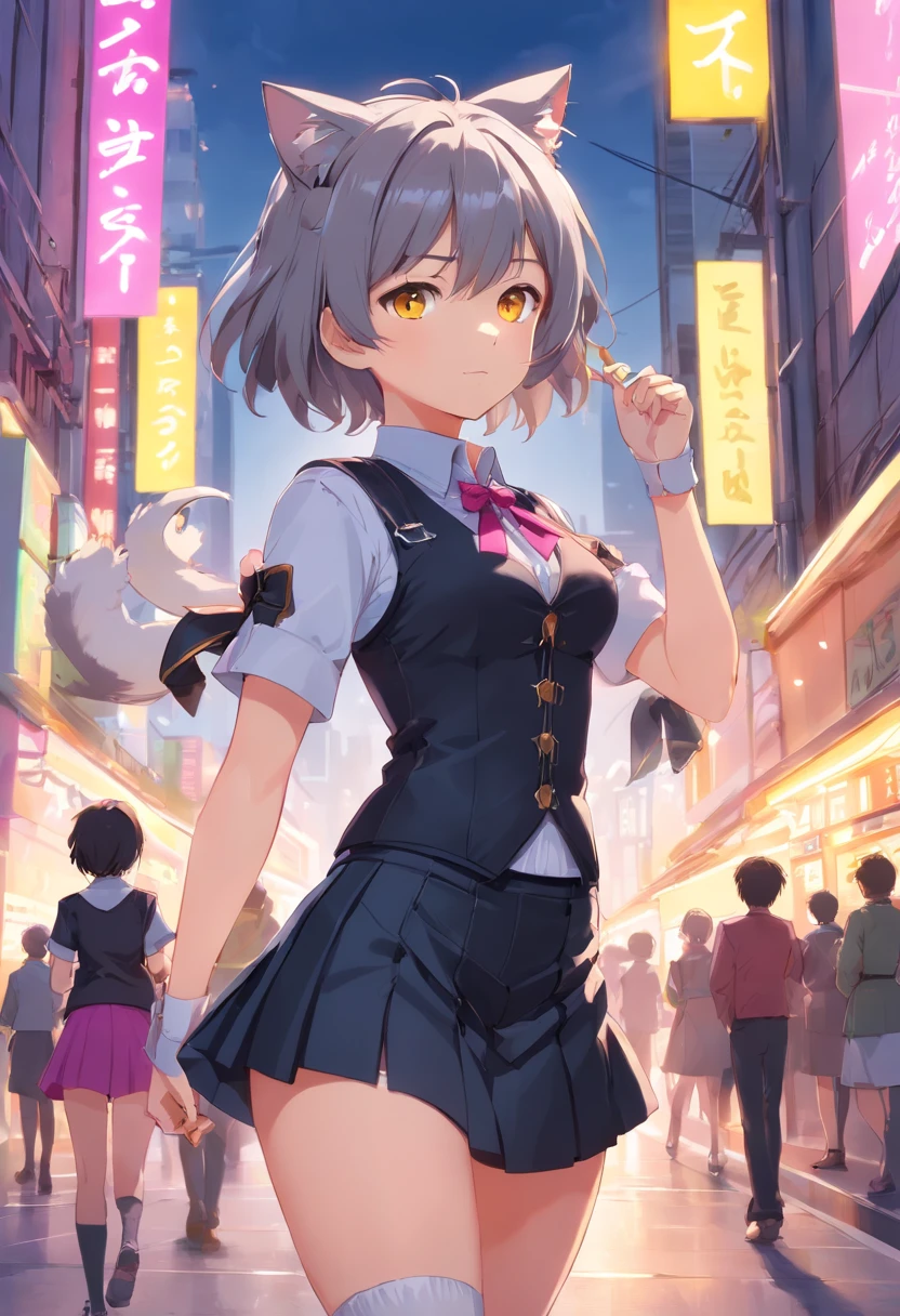 Girls, Gray-haired, short-haired, yellow eyes, Small breasts, cat hair ornament, side locks, Gray-haired, Shiny hair, uniform, (Golden Eyes: 1.2), (Two long triangular extensions at skirt, Best corset for the stomach), White buttons on vest corset, (Short sleeve strip shirt under vest corset), (Sleeves end close to the arm), (thick ribbon of black color on the neck,), ( Short Magenta Skirt),