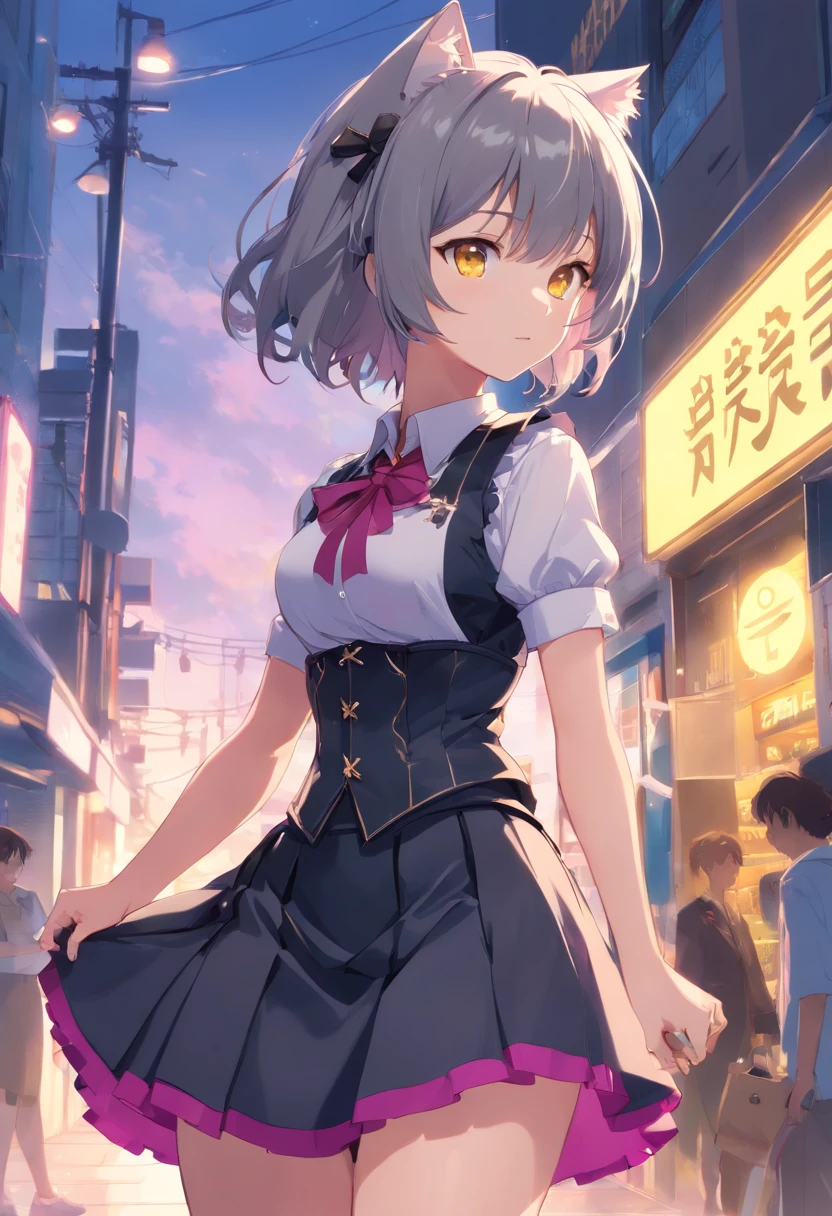 Girls, Gray-haired, short-haired, yellow  eyes, Small breasts, cat hair ornament, side locks, Gray-haired, Shiny hair, uniform, (Golden Eyes: 1.2), (Two long triangular extensions at skirt, Best corset for the stomach), White buttons on vest corset, (Short sleeve strip shirt under vest corset), (Sleeves end close to the arm), (thick ribbon of black color on the neck,), ( Short Magenta Skirt),