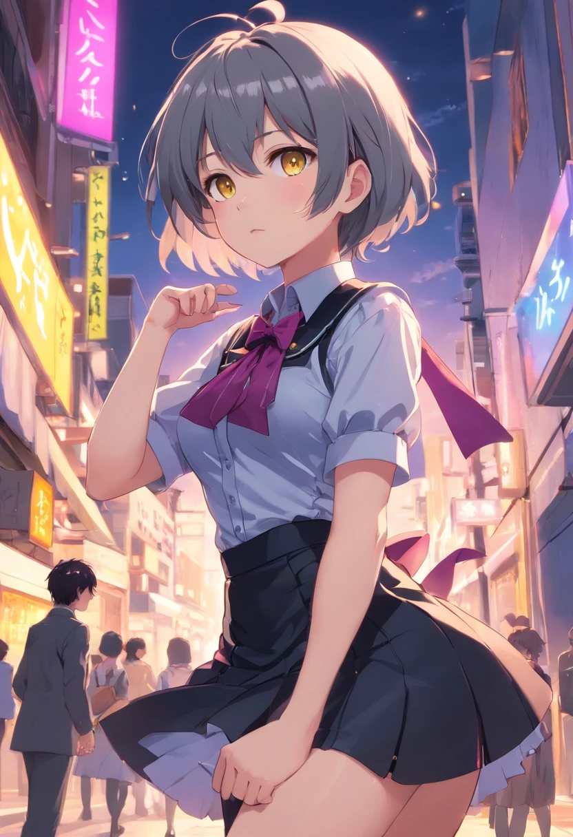 Girls, Gray-haired, short-haired, yellow eyes, Small breasts, cat hair ornament, side locks, Gray-haired, Shiny hair, uniform, (Golden Eyes: 1.2), (Two long triangular extensions at skirt, Best corset for the stomach), White buttons on vest corset, (Short sleeve strip shirt under vest corset), (Sleeves end close to the arm), (thick ribbon of black color on the neck,), ( Short Magenta Skirt),
